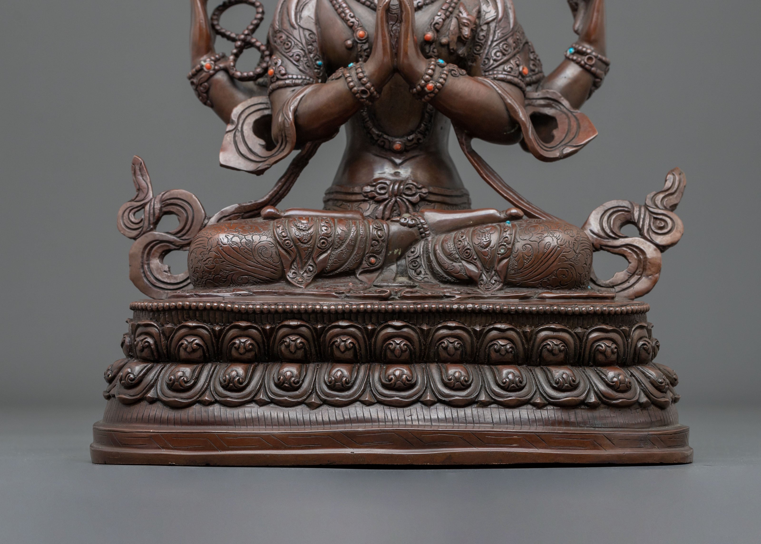 Chenrezig Oxidized Copper Statue Adorned with Gemstones
