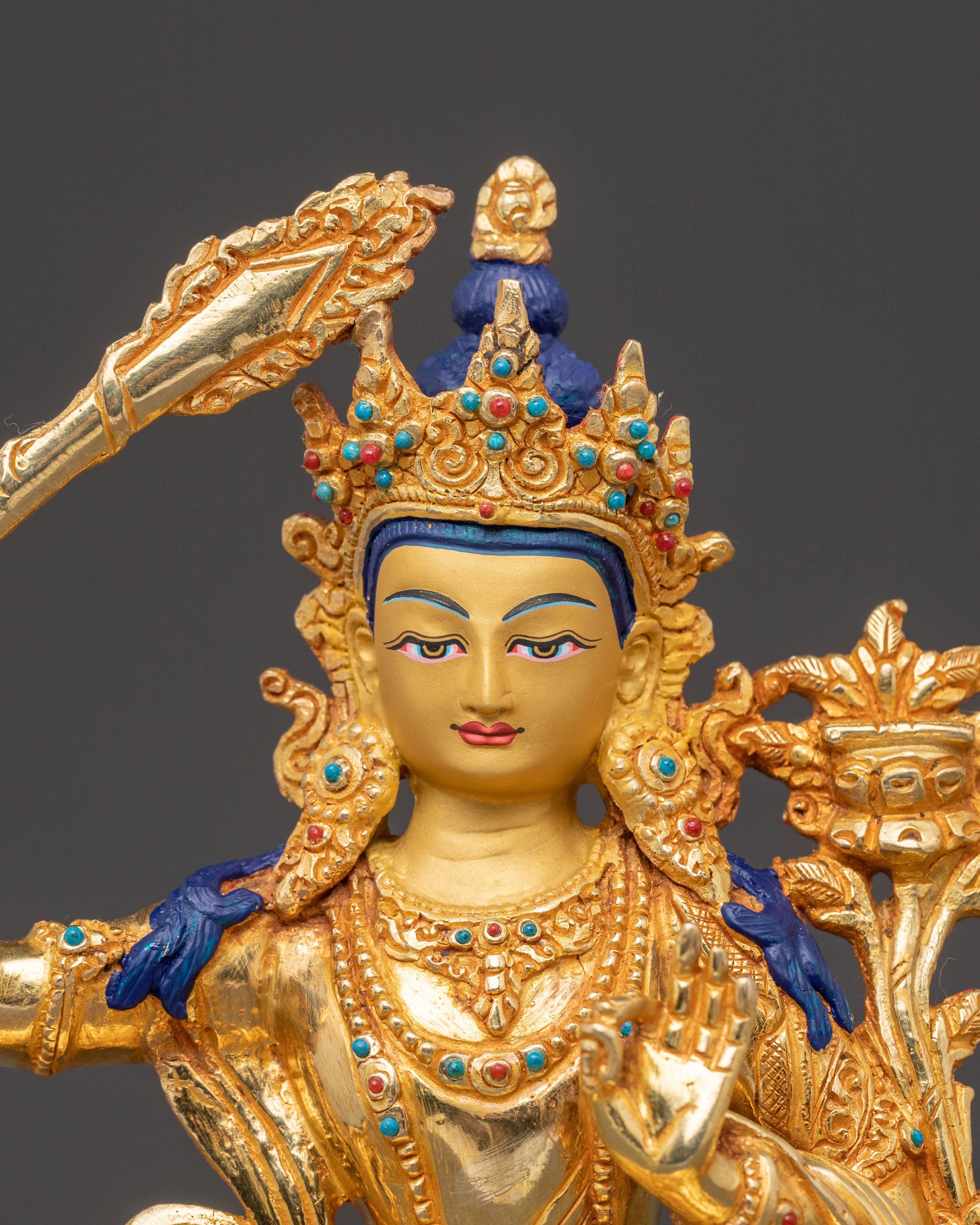 Handcrafted Manjushri Sacred Statue – Gilded Copper & Gemstone Art