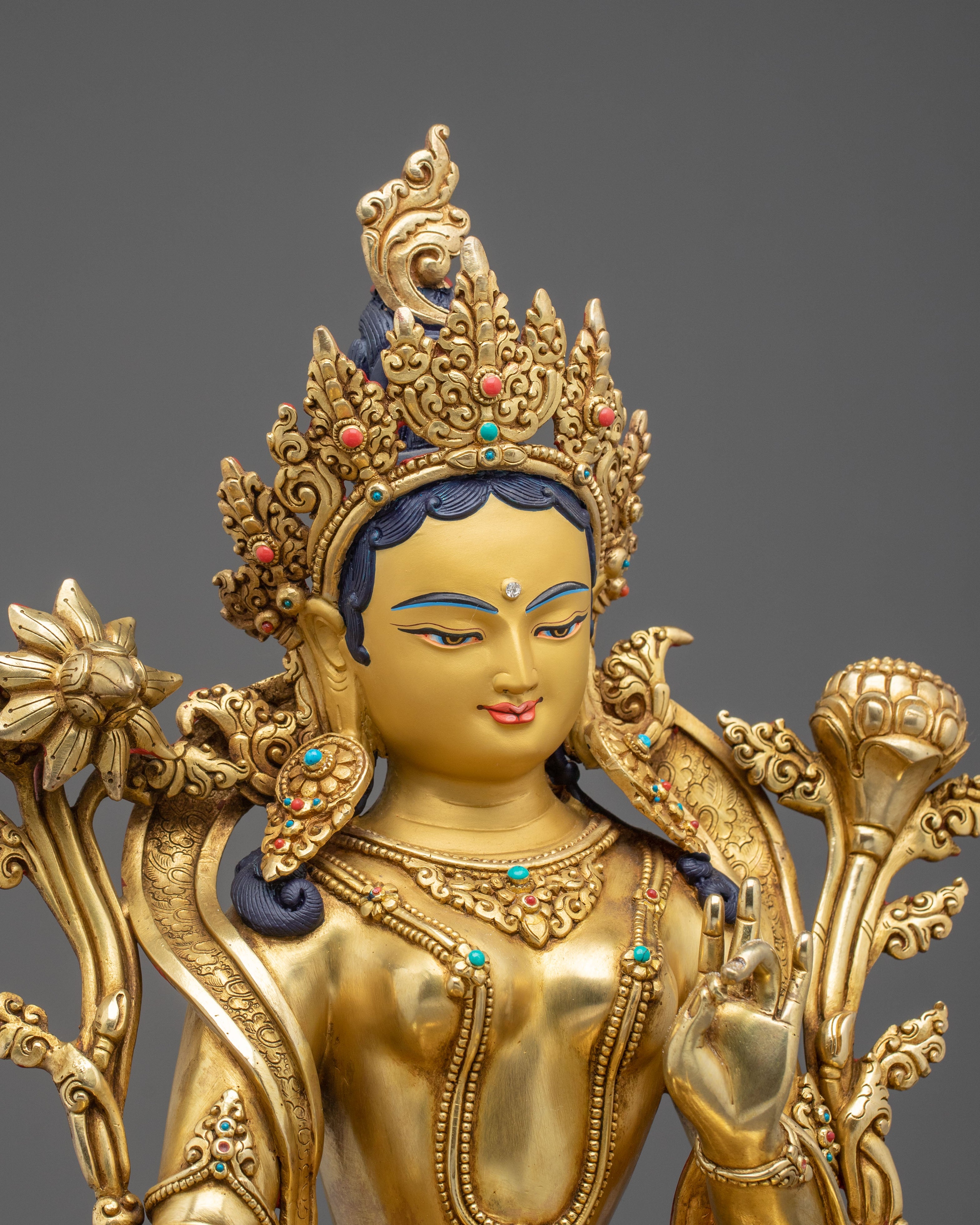 16-Inch Sacred Green Tara 24K Gold Gilded Copper Gemstone Statue