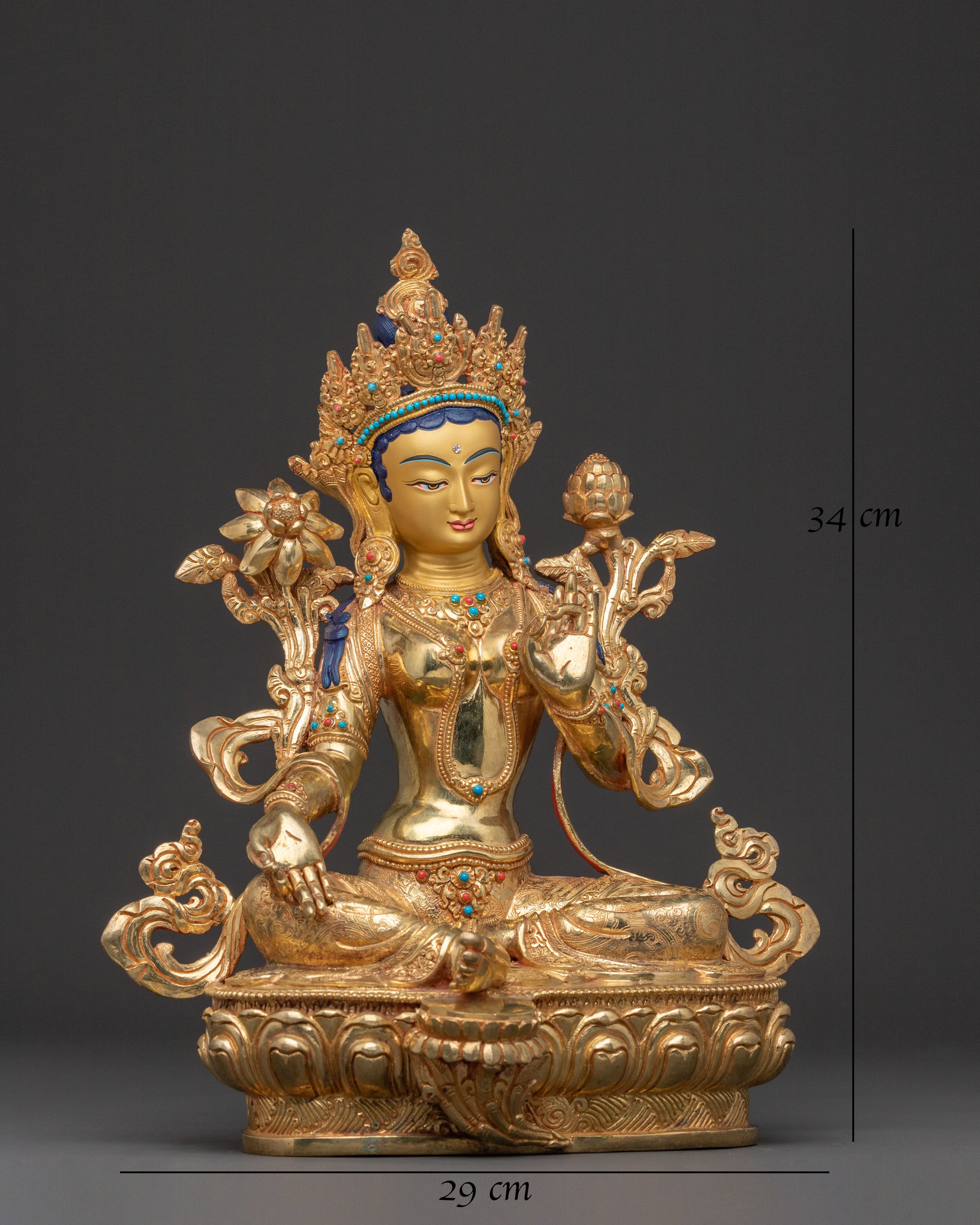 Green Tara Statue: Radiant 24K Gold Gilded Sculpture