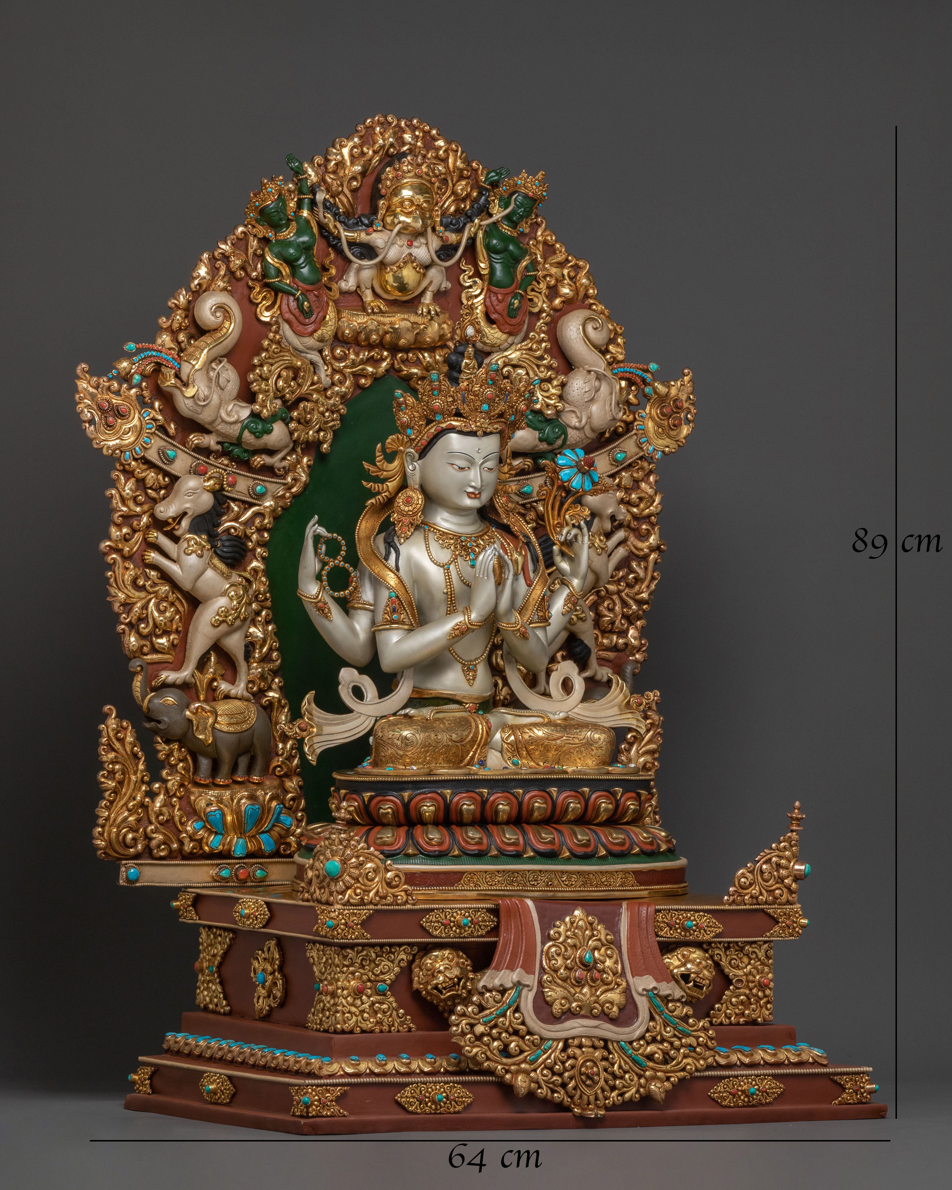 Majestic Chenrezig on Throne Statue with 24k Gold Glided and Gemstones Inlays