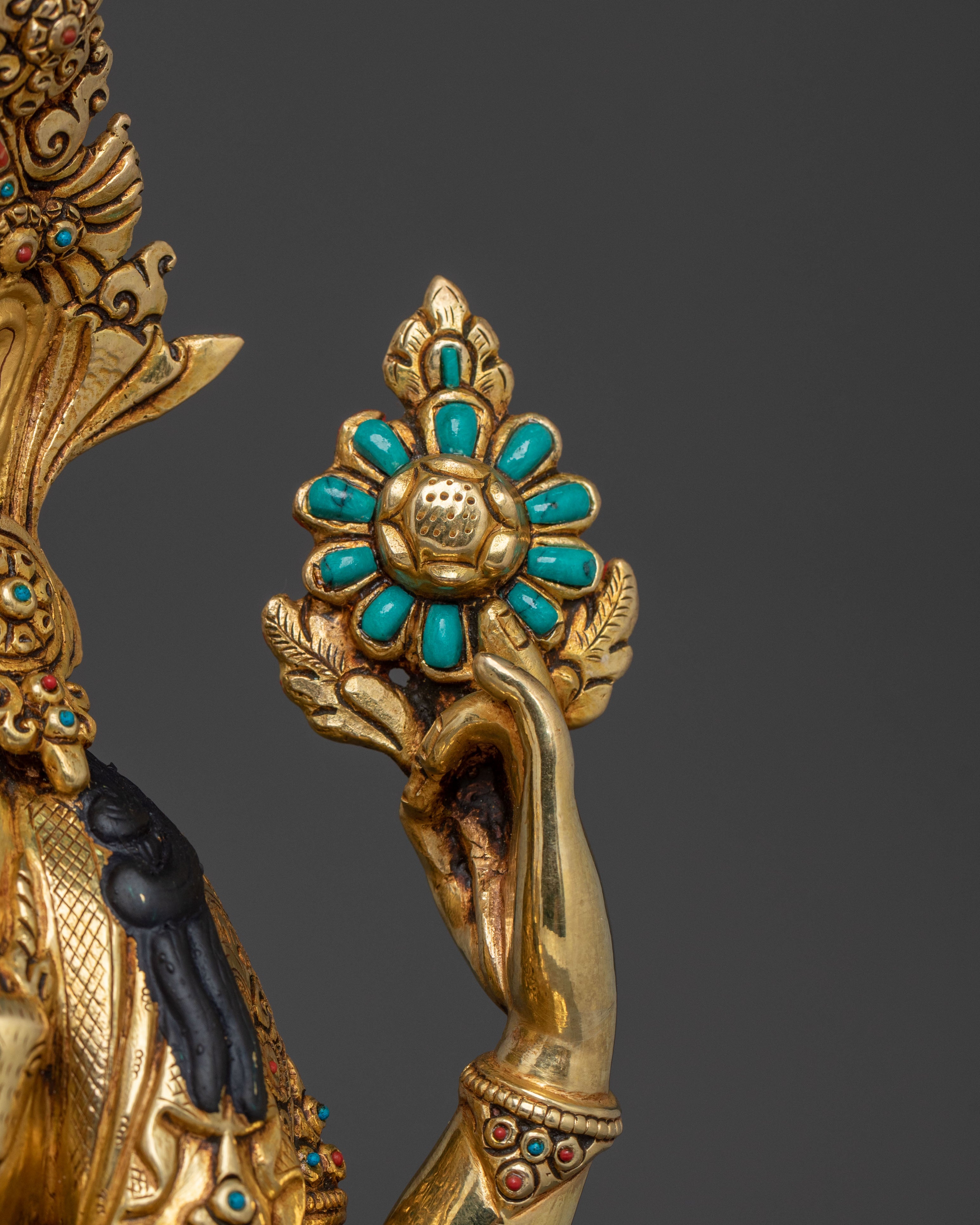 Handcrafted Himalayan Chenrezig Statue with 24K Gold and Fine Gemstones