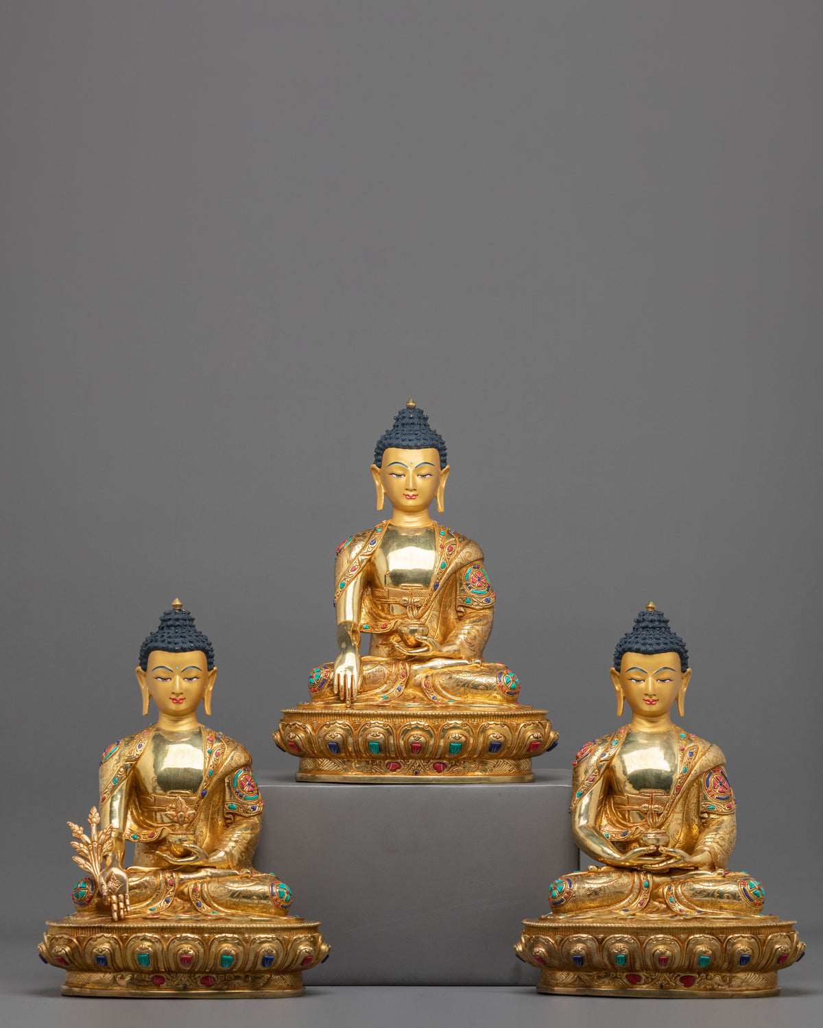 Handmade Three Buddhas Copper Statue Set | 24K Gold Gilded