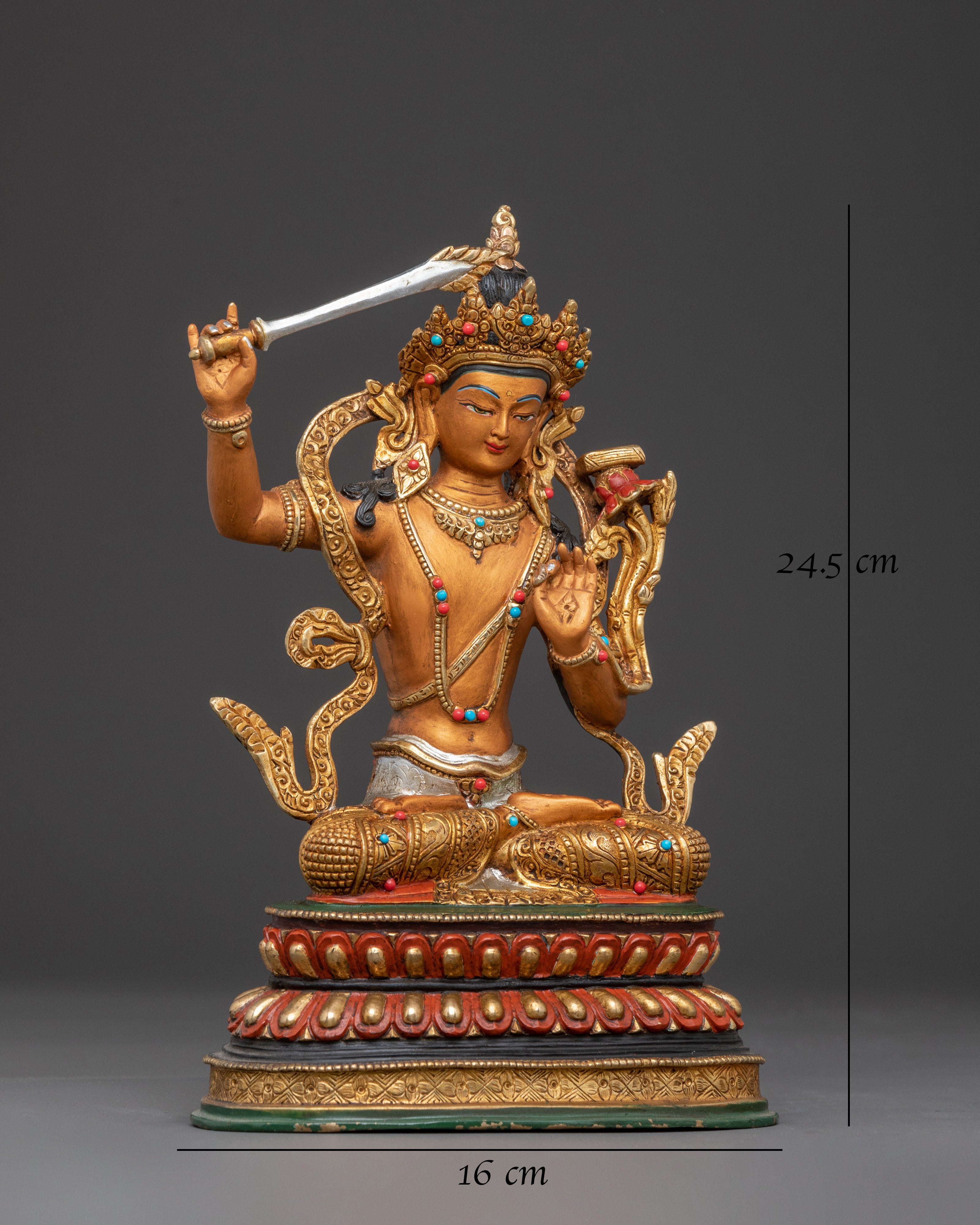 Manjushri Tibetan Sacred Statue - 24K Gold Gilded Serenity