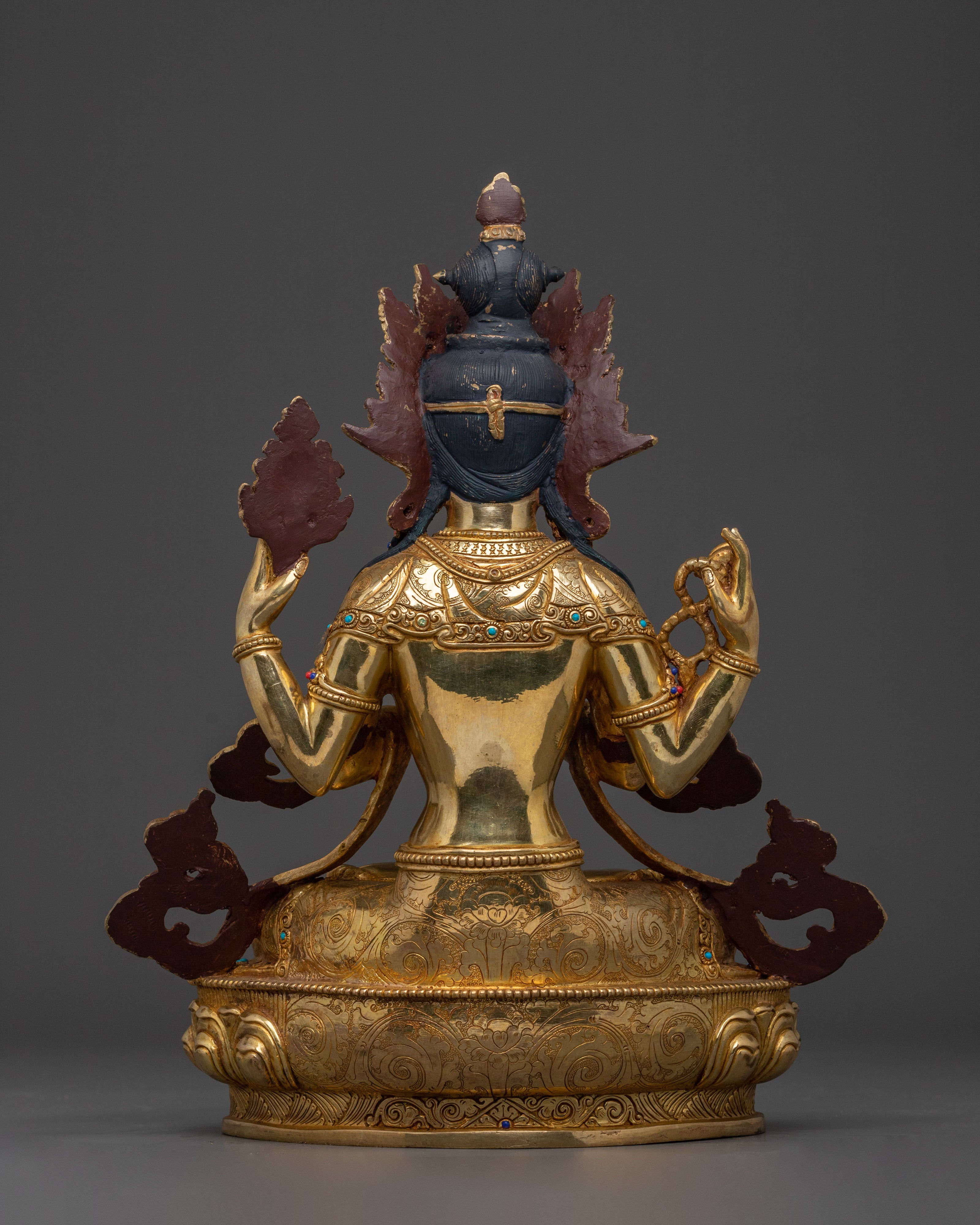 Four-Armed Chenrezig Statue: 24K Gold Gilded Serenity