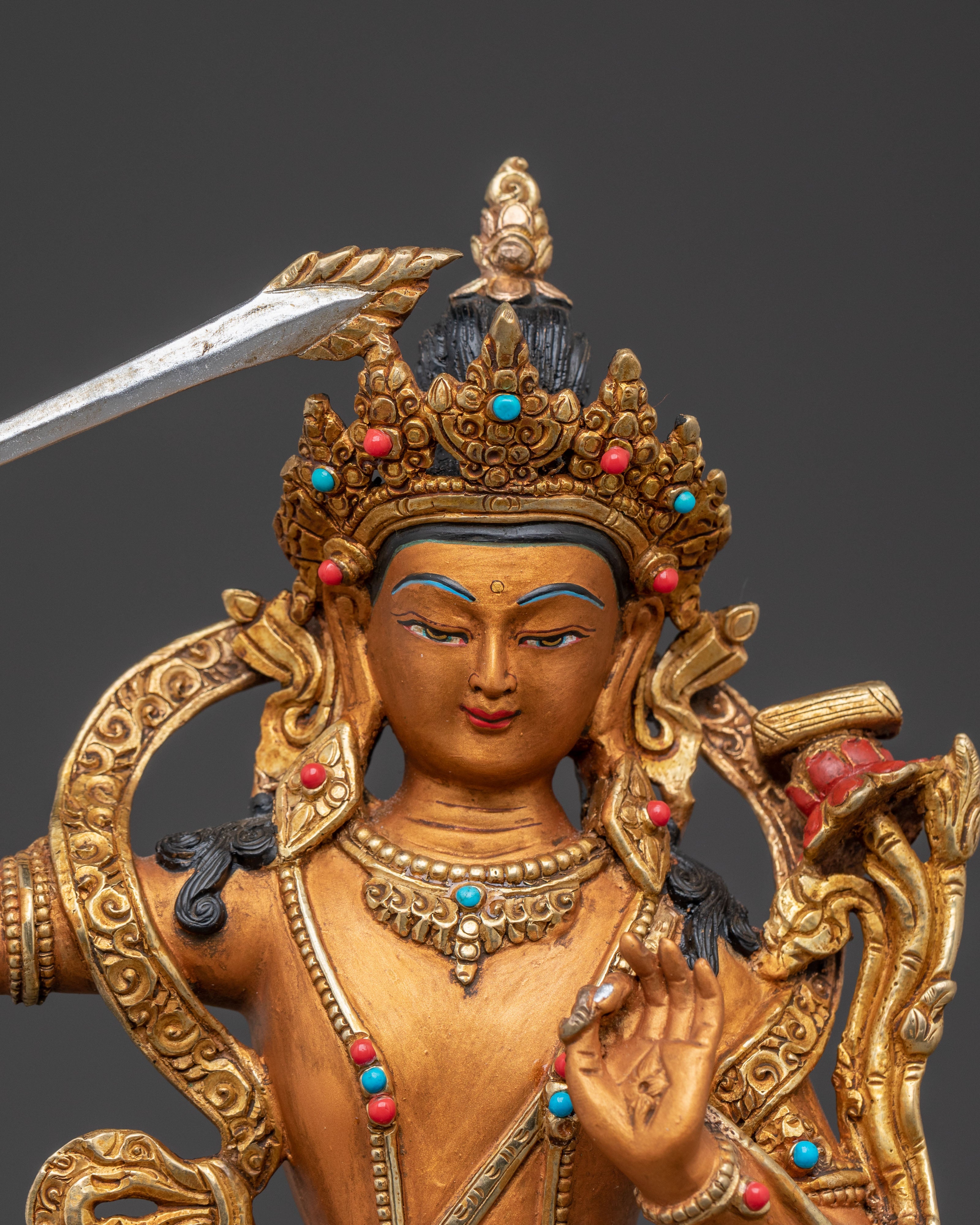 Manjushri Tibetan Sacred Statue - 24K Gold Gilded Serenity