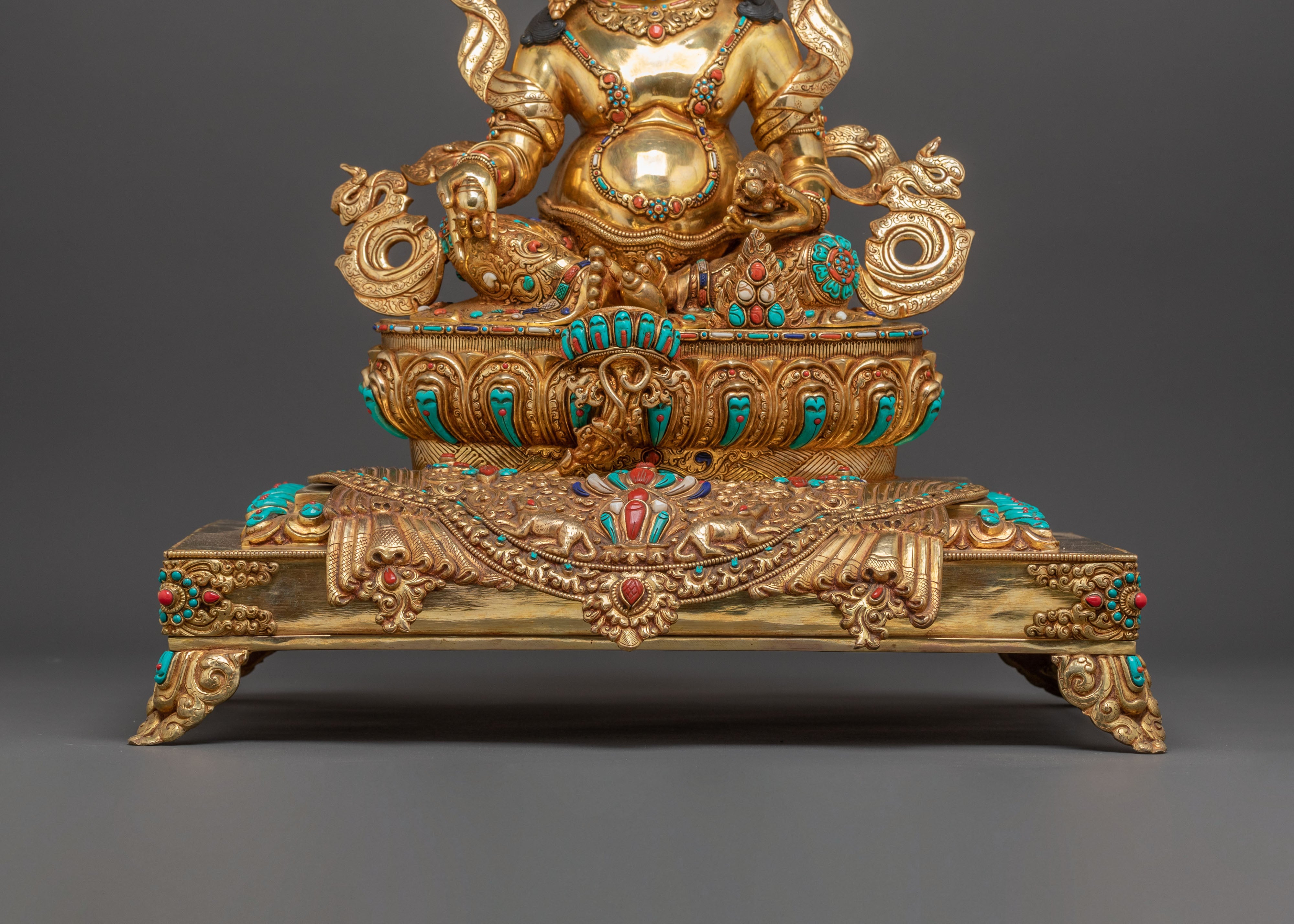 Majestic Dzambhala on Throne Handmade Statue – 24K Gold Gilded