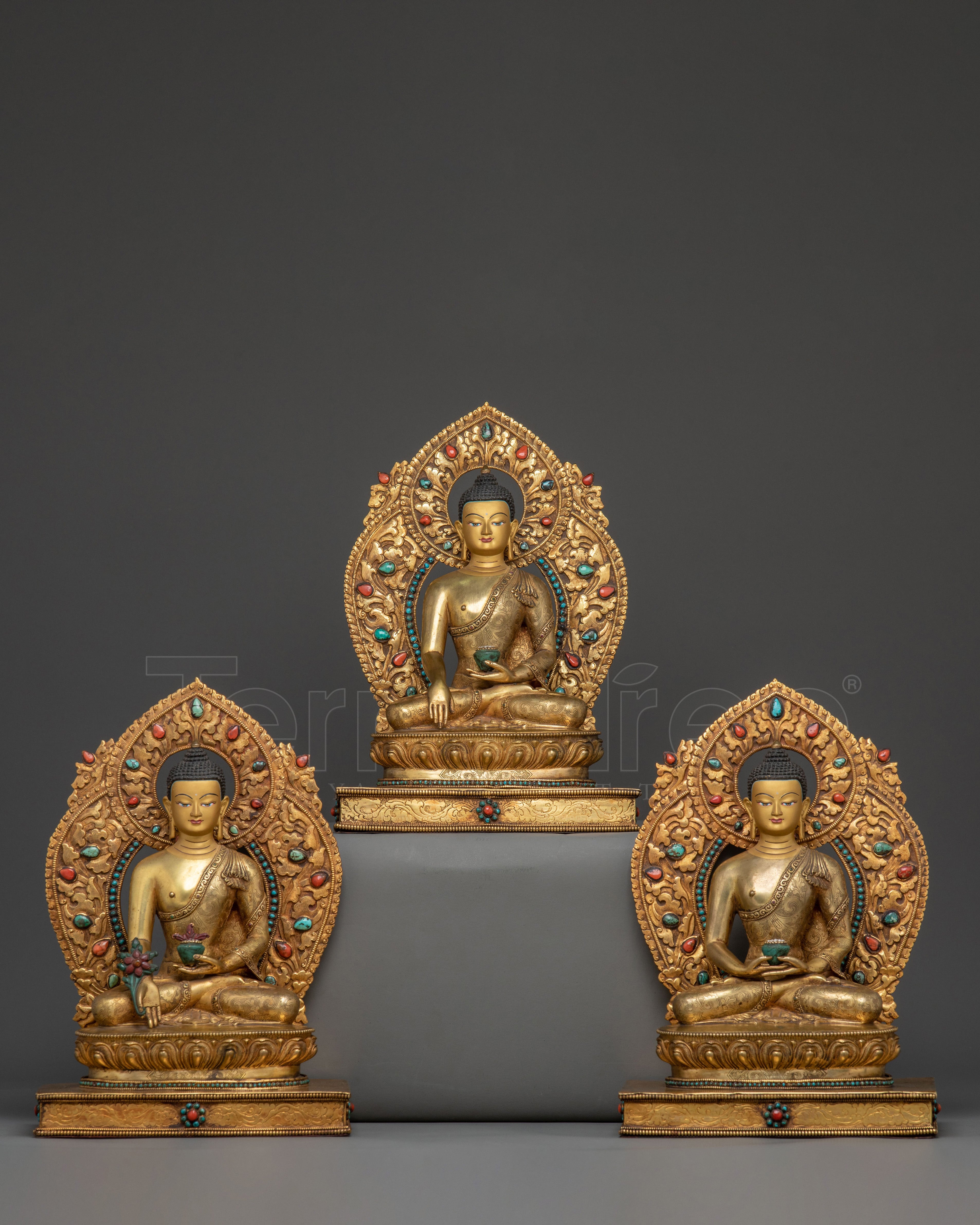 Sacred Three Buddha Handcrafted Statue Set in Premium 24K Gold