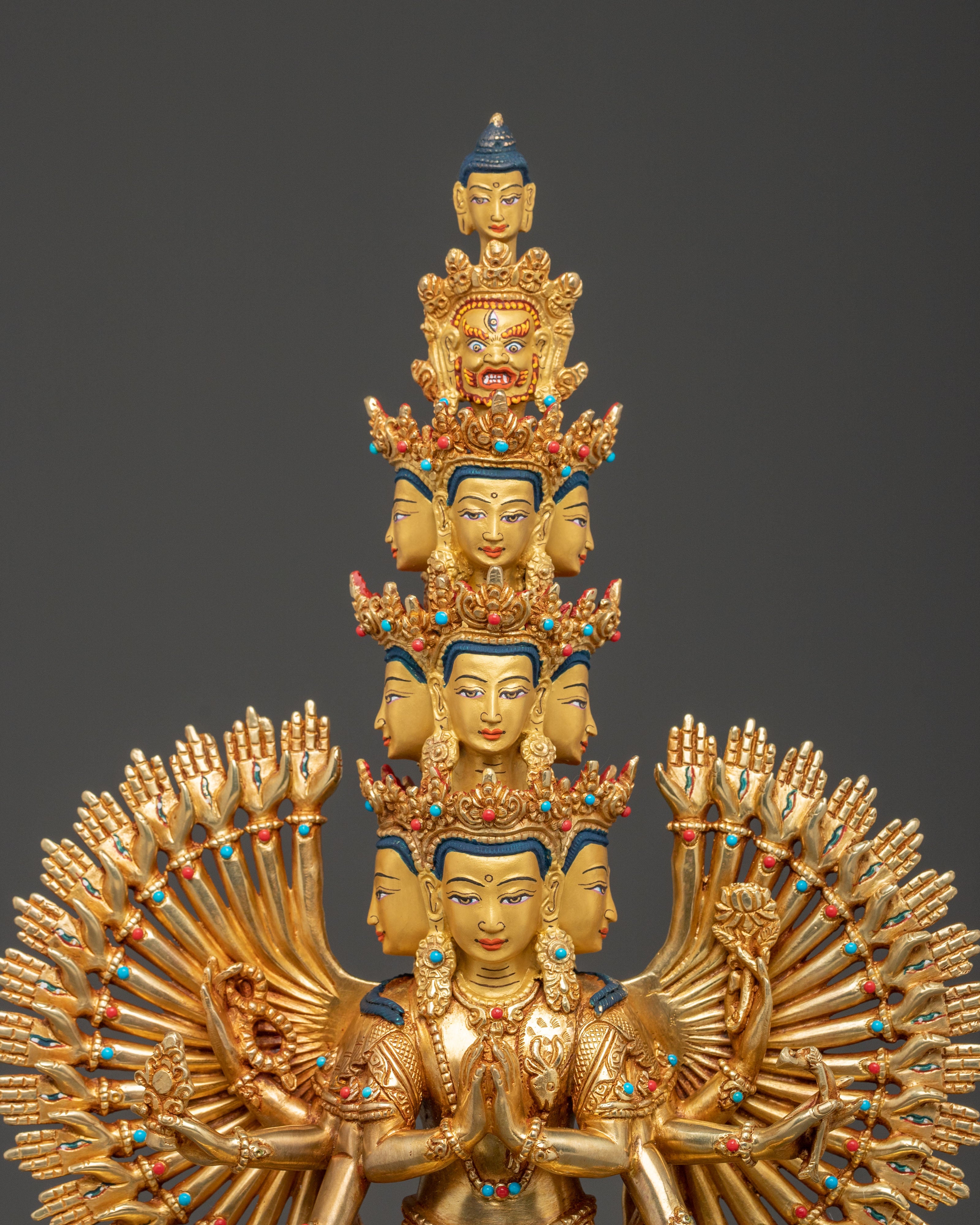 1000 Armed Chenrezig Statue | 24k Gold Glided with Gemstone Inlay