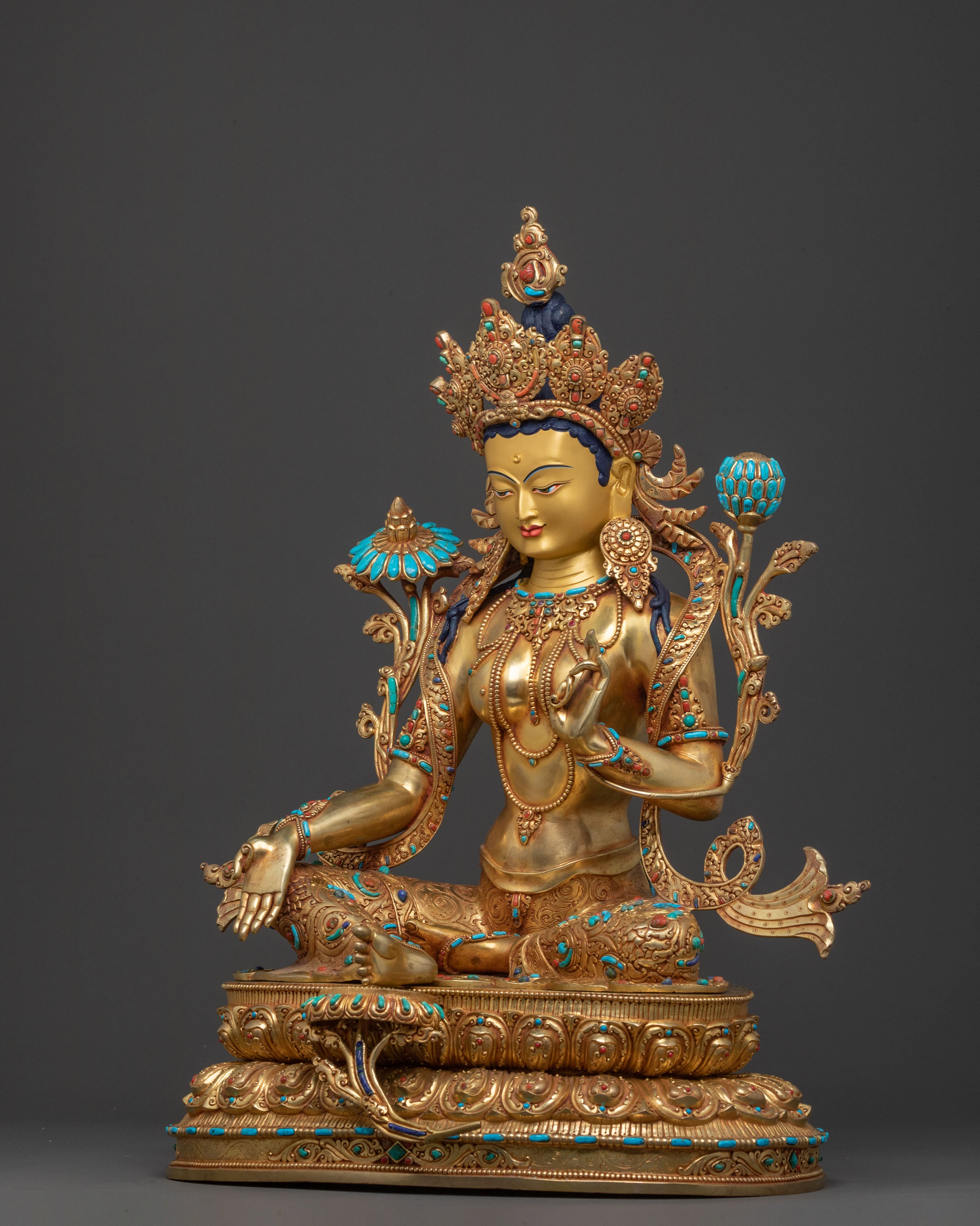 Handcrafted Green Tara Statue | 24K Gold Gilded