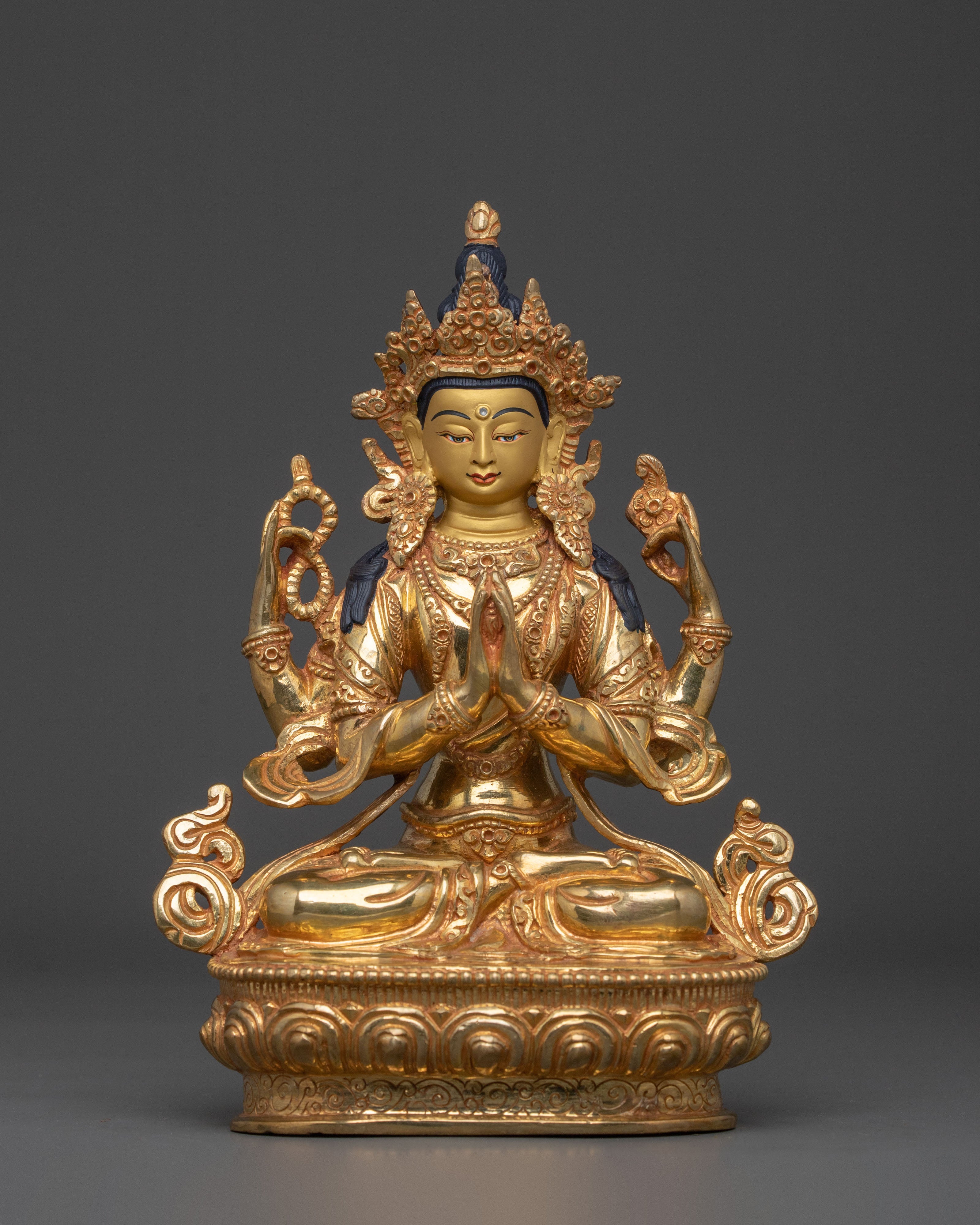 Handmade Four Armed Chenrezig Spiritual Sculpture: 24K Gold Gilded