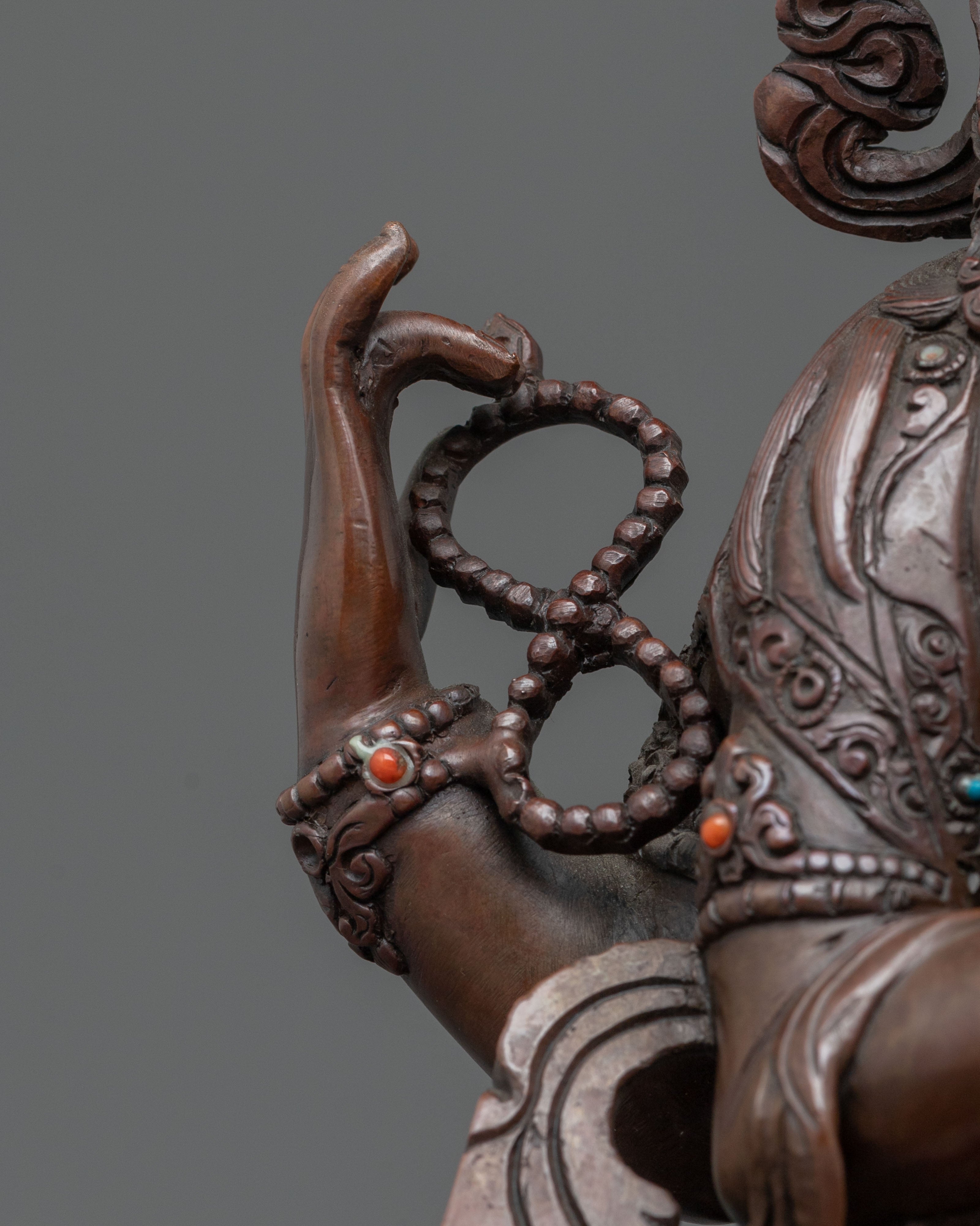 Chenrezig Oxidized Copper Statue Adorned with Gemstones