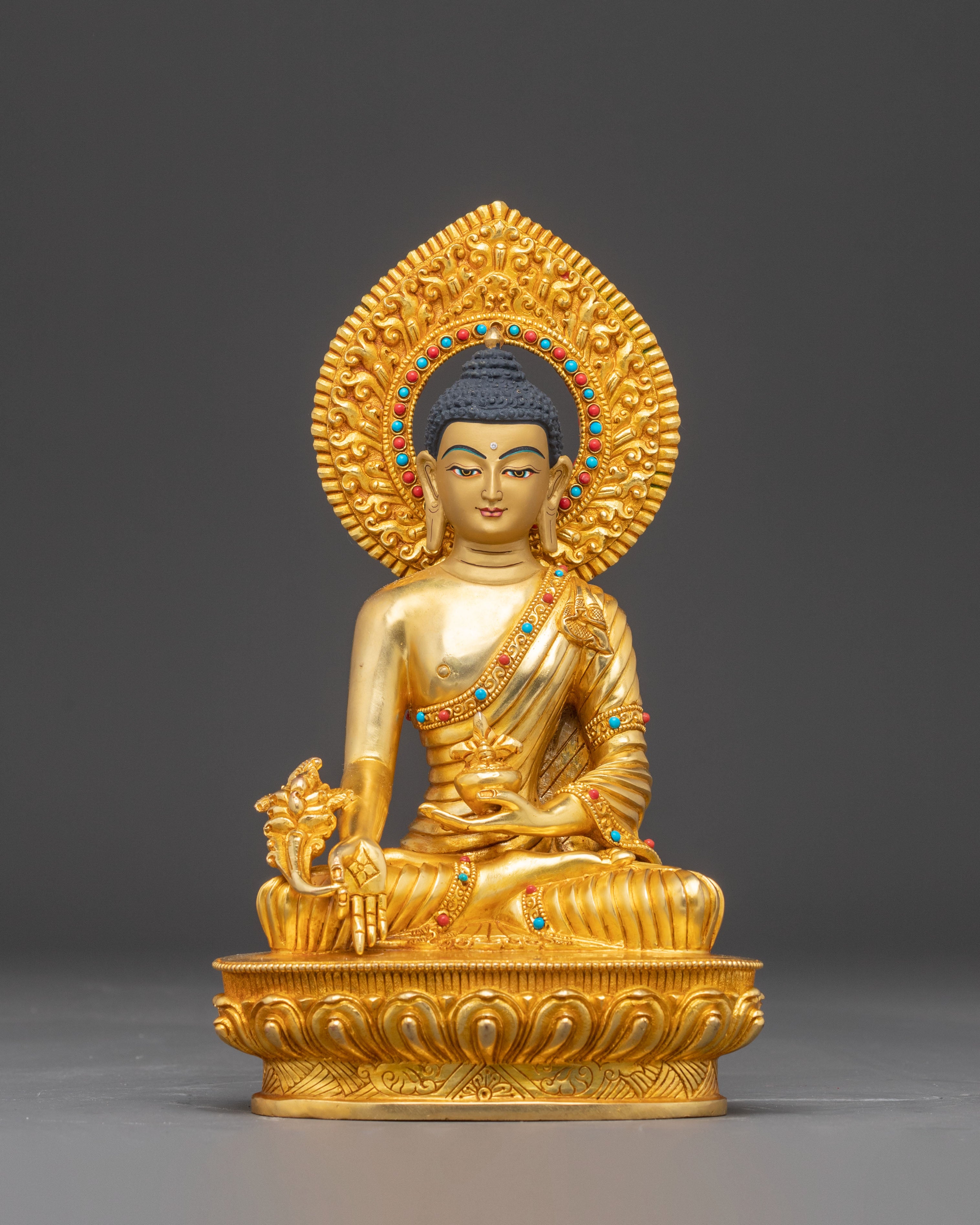 Himalayan Handmade Three Buddha Statue Set: 24K Gold Gilded