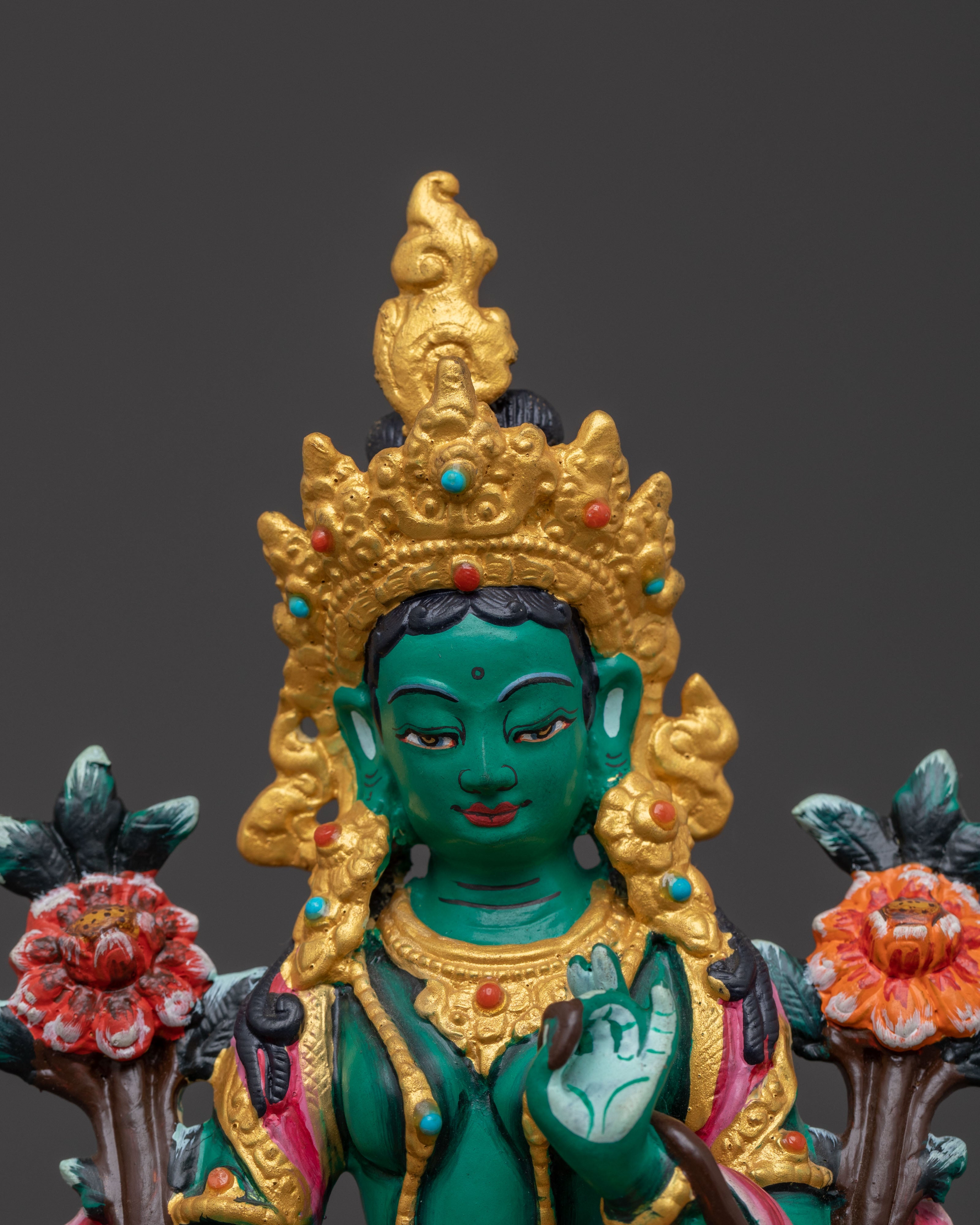 Green Tara Statue with Acrylic Paintings: Goddess of Compassion