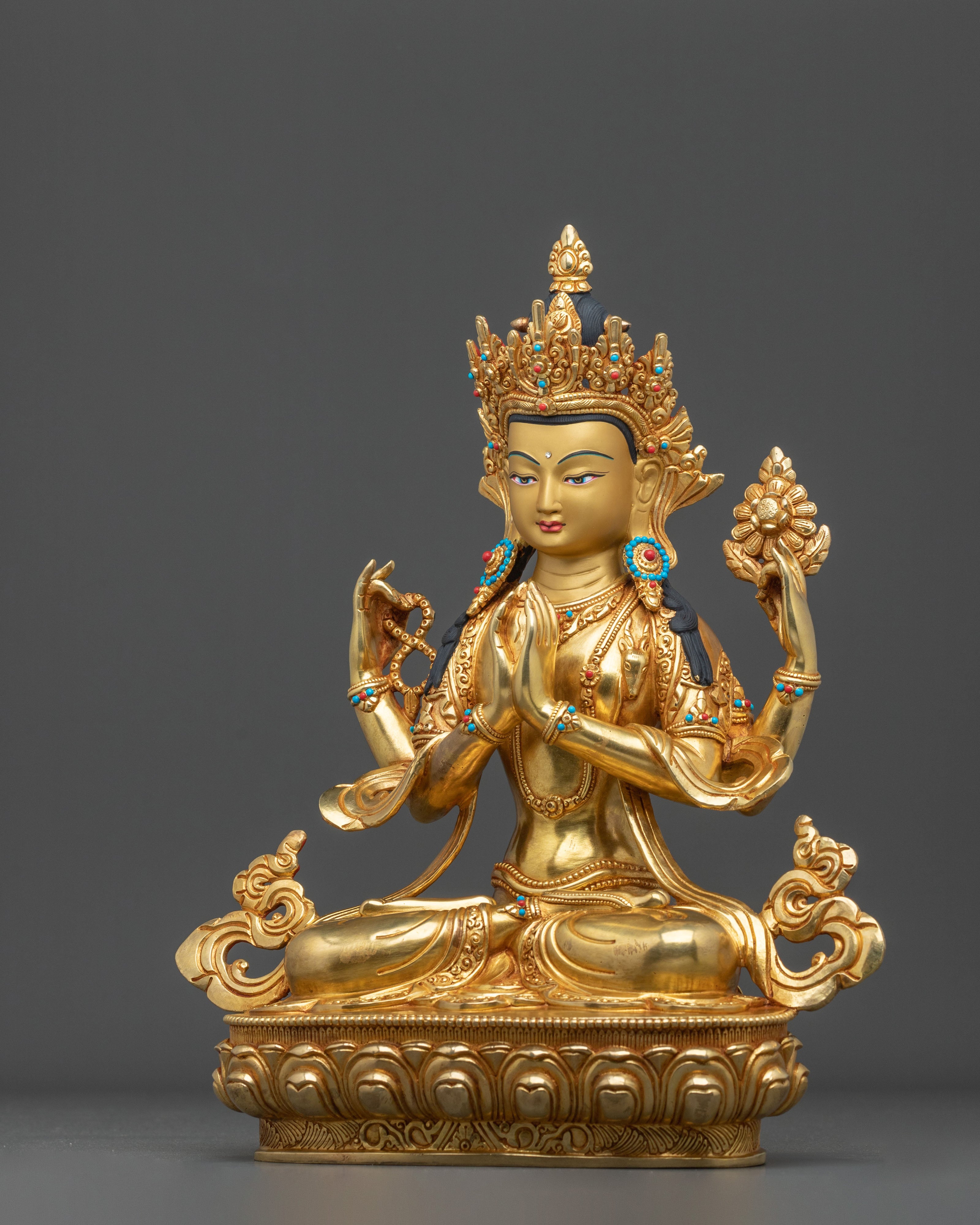 Four-Armed Chenrezig 24K Gold Gilded Statue | Compassionate Radiance