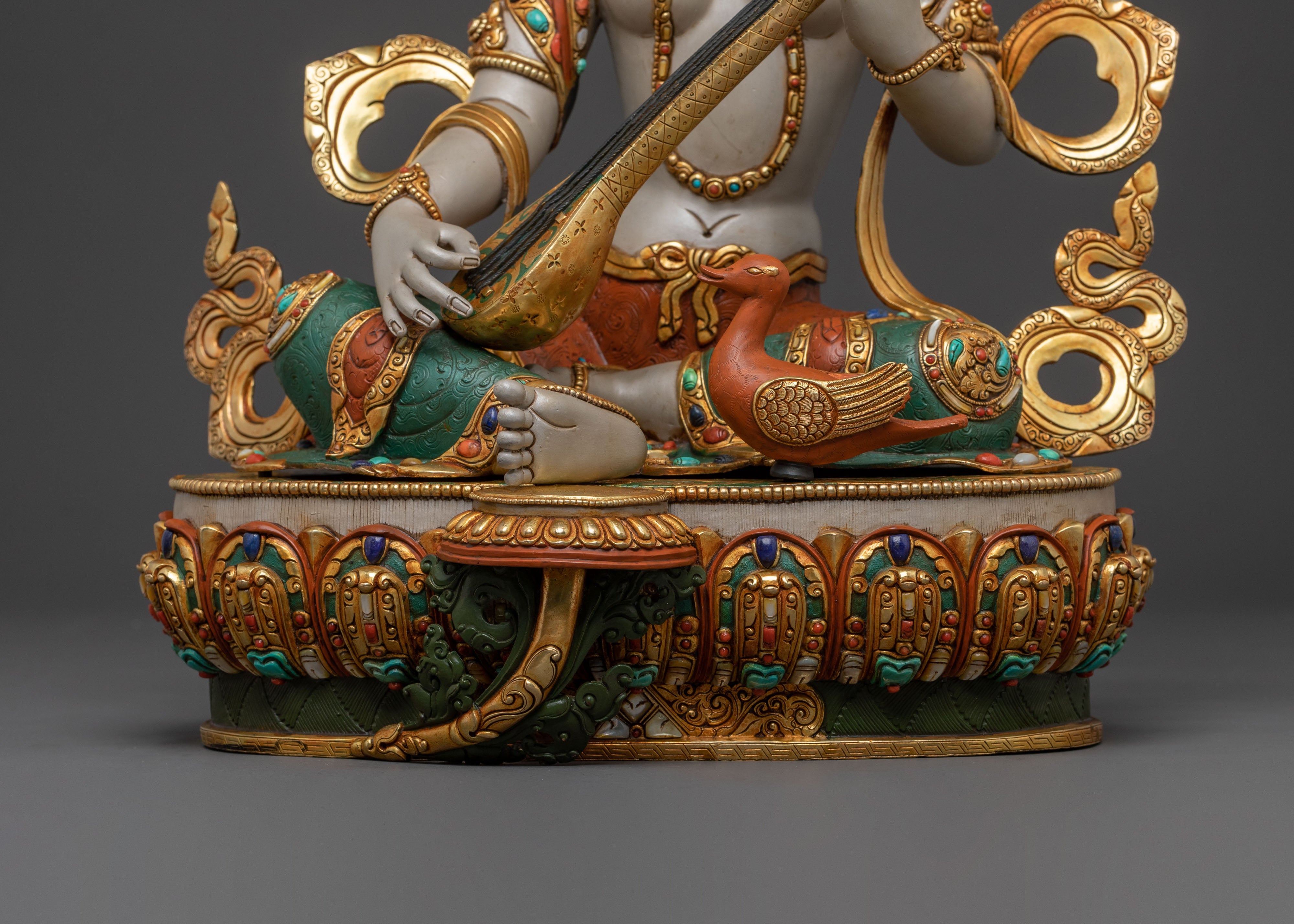 Saraswati Goddess of Knowledge Statue – 24K Gold Gilded Masterpiece