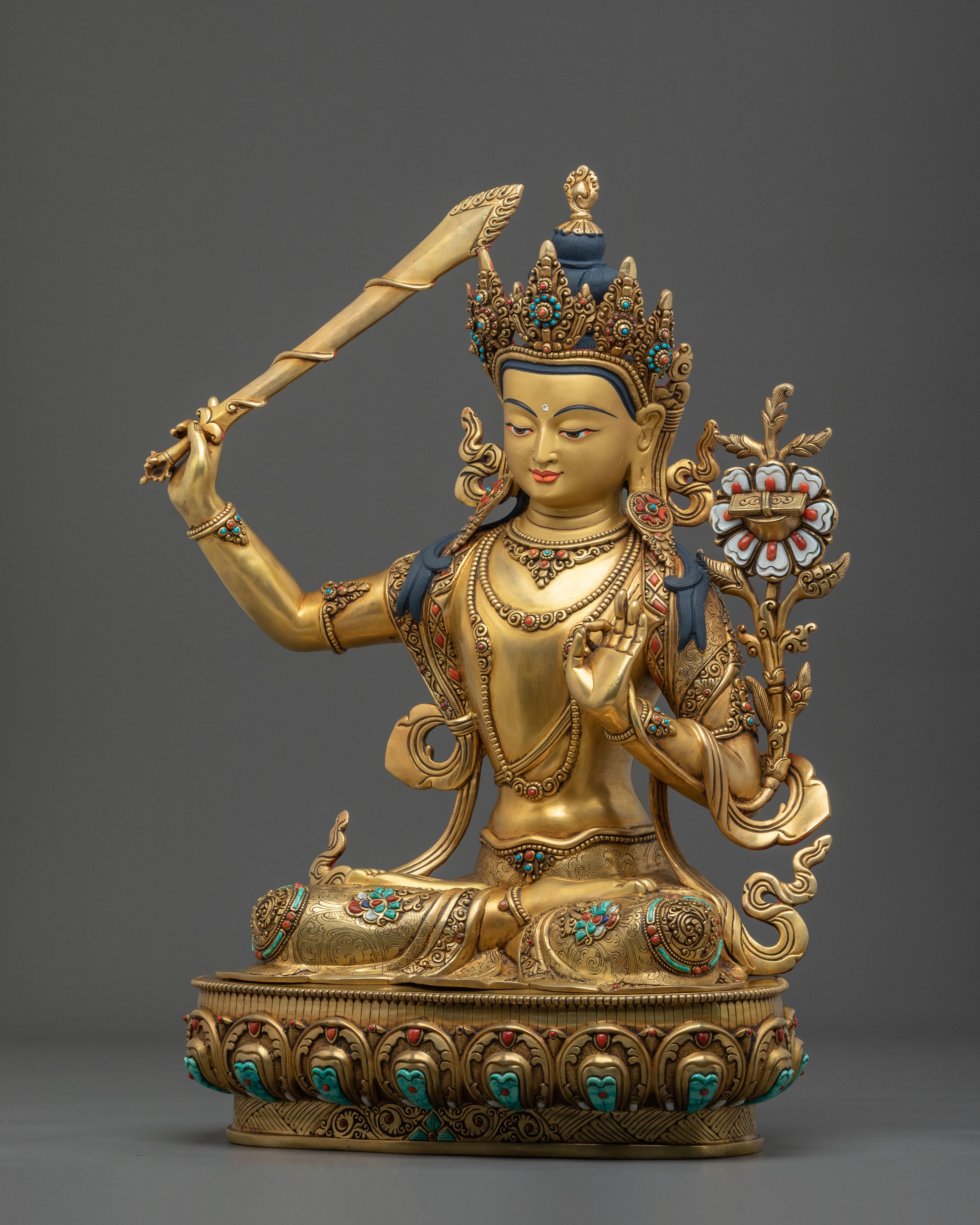 Manjushri Sacred Copper Statue | 24K Gold Gilded Wisdom Bodhisattva Sculpture