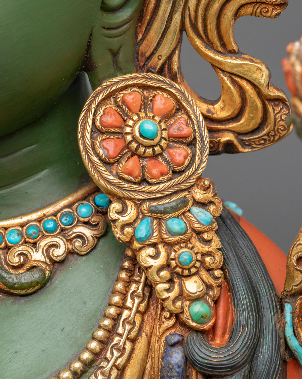 Green Tara Sculpture | Handmade Statue Adorned with Gemstones