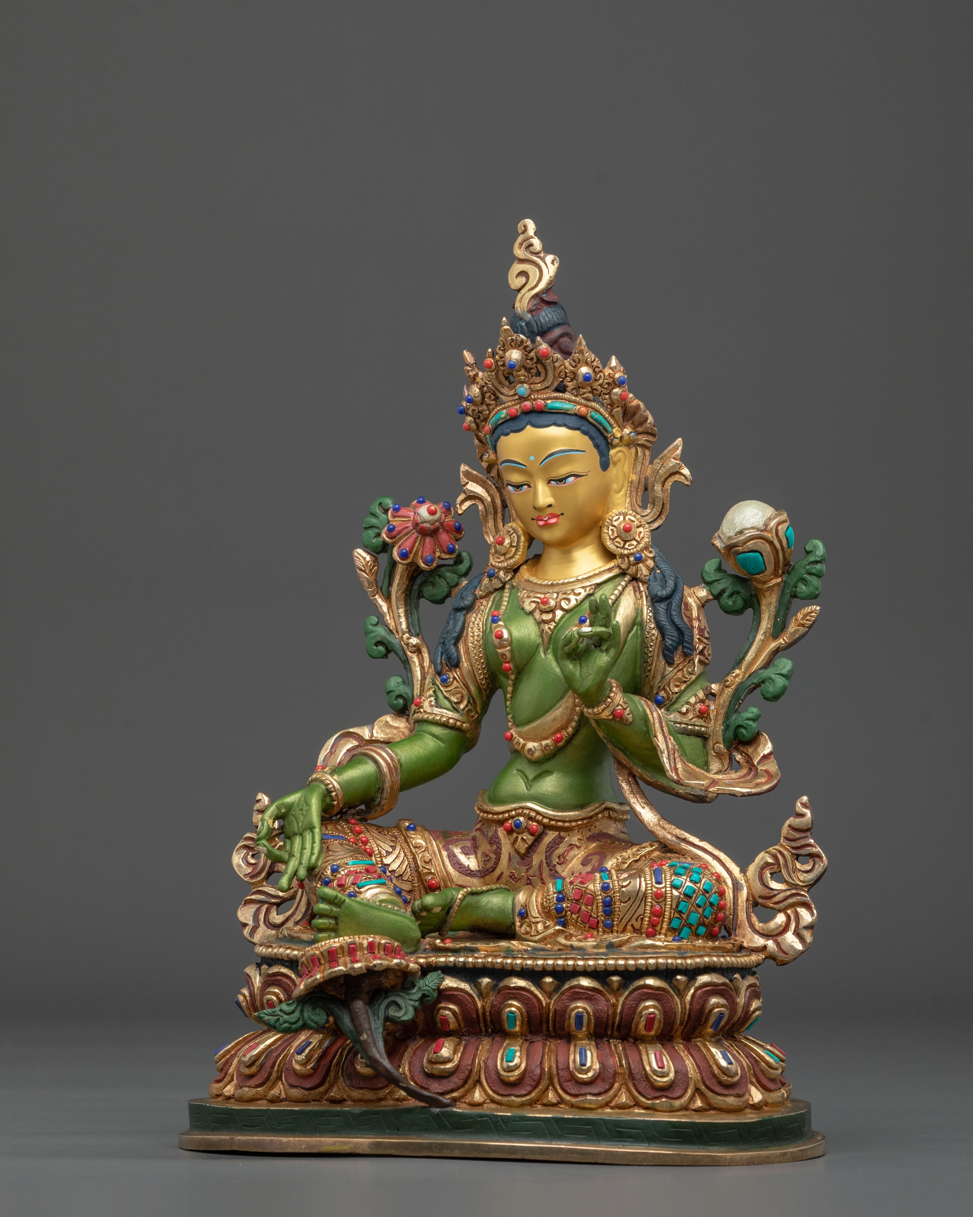 Green Tara 24K Gold Gilded Statue | Goddess of Compassion and Protection