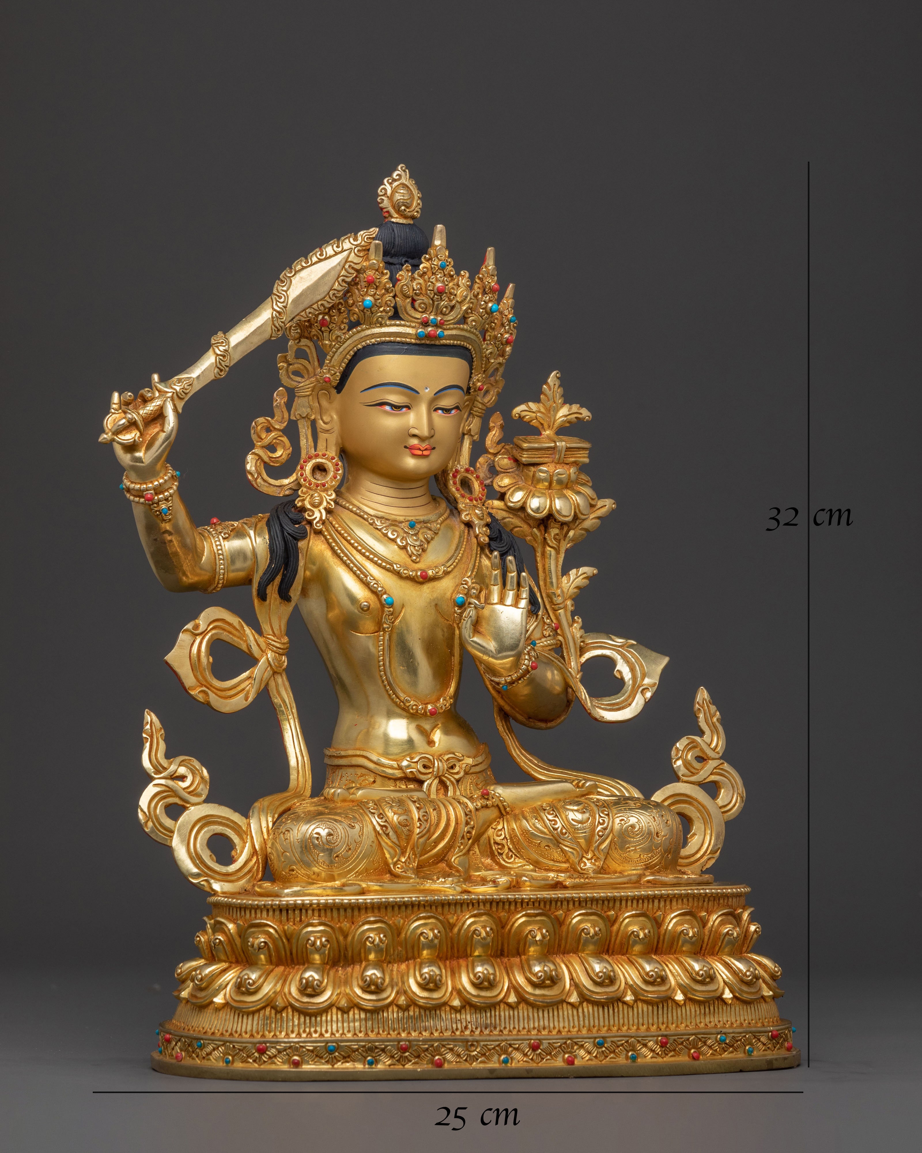 Bodhisattva Manjushri Handcrafted Statue: 24K Gold Gilded