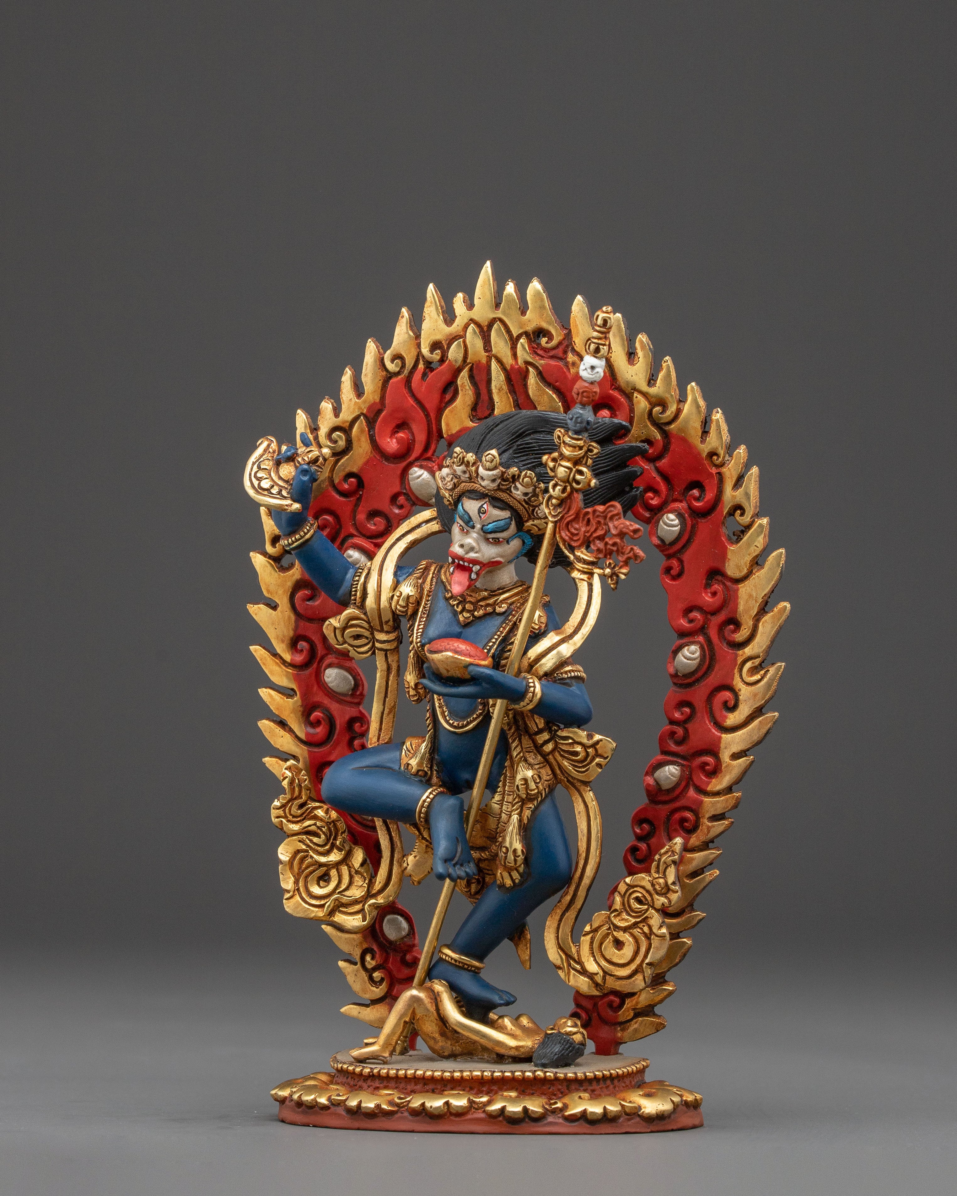 Shima mukha Lion Faced Dakini Statue: Gilded Copper Art