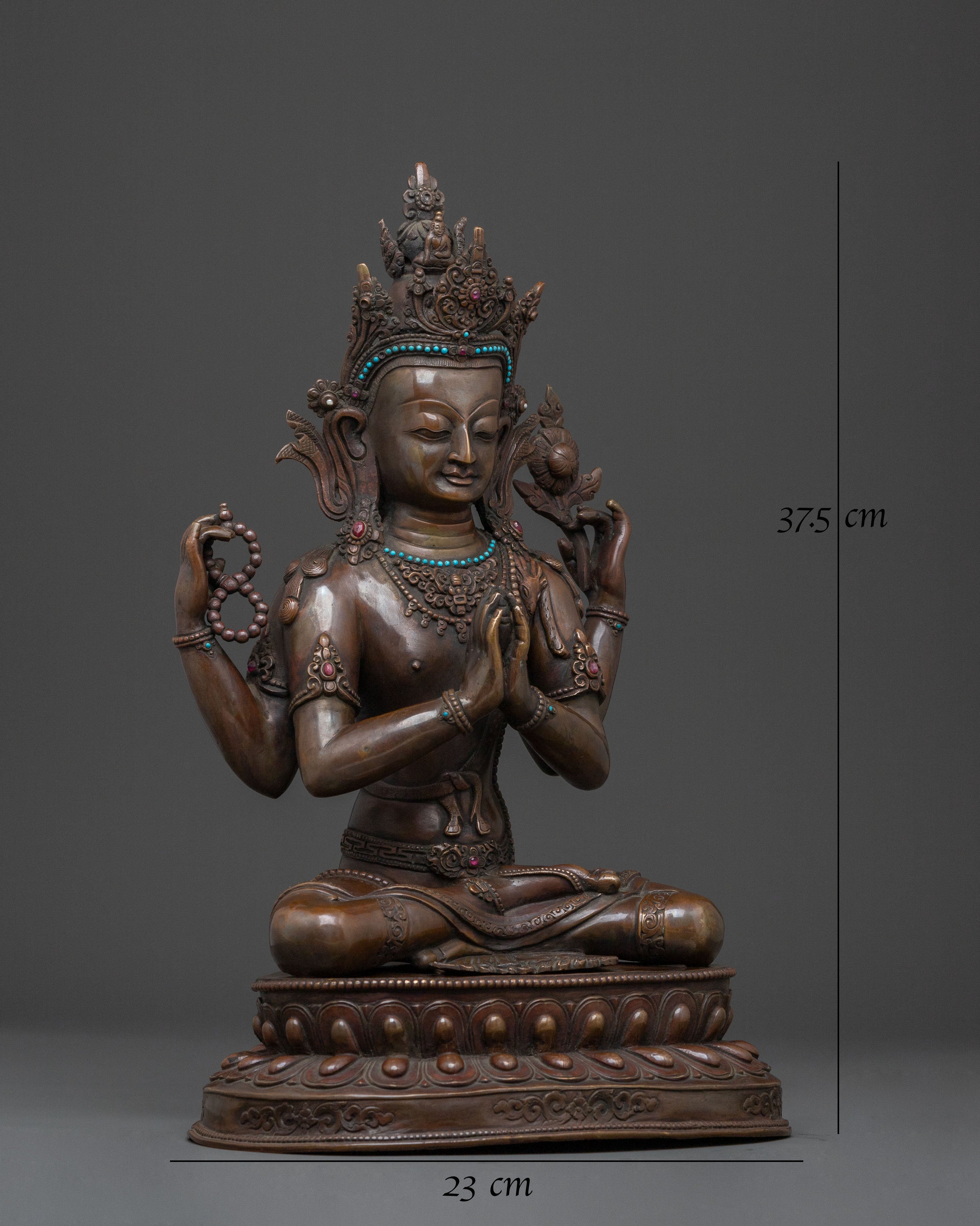 Handcrafted Chenrezig Buddhist Sculpture | Oxidized Copper Statue