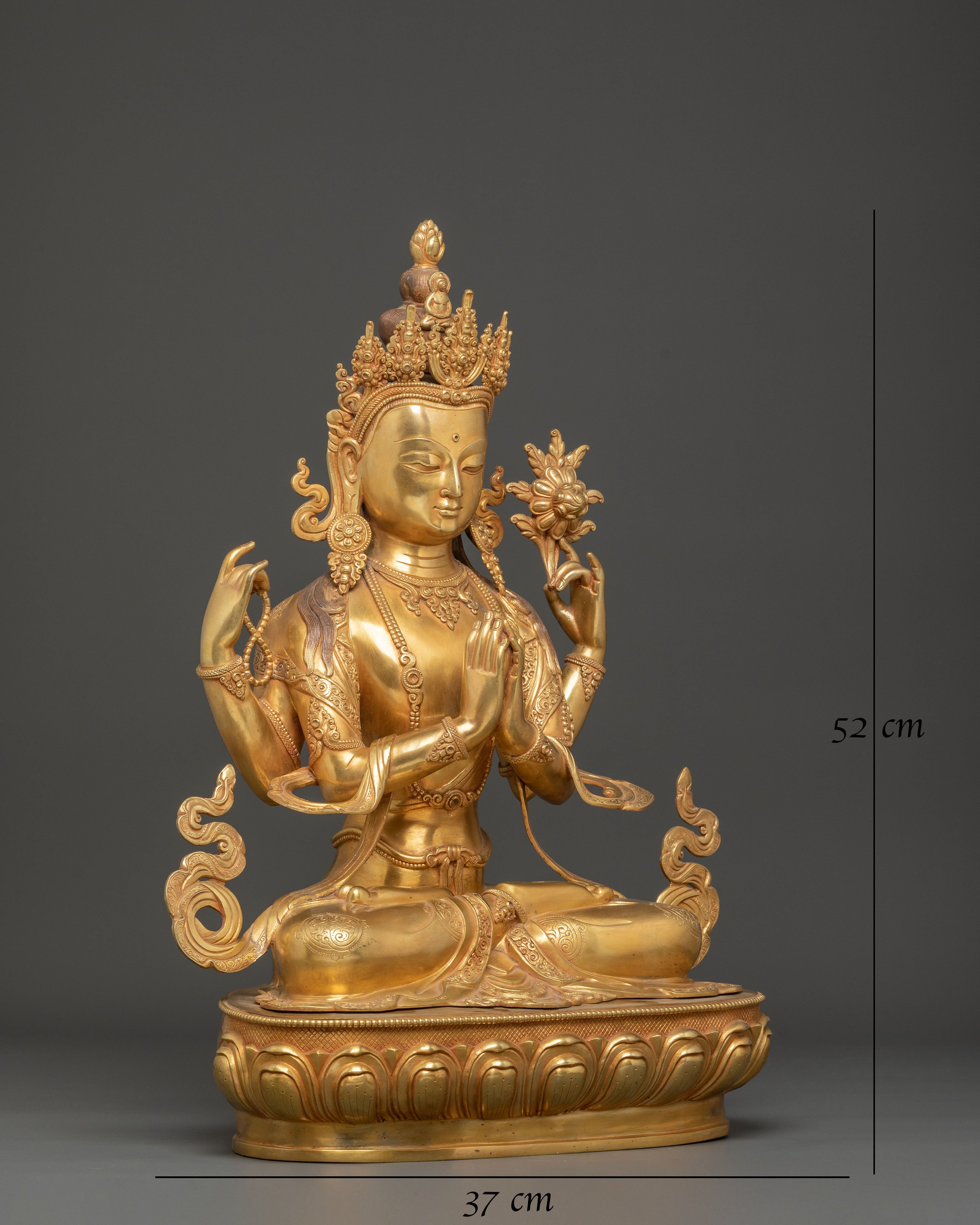 Golden Figurine Of Bodhisattva Chenrezig For Meditation | Tibetan Buddhism