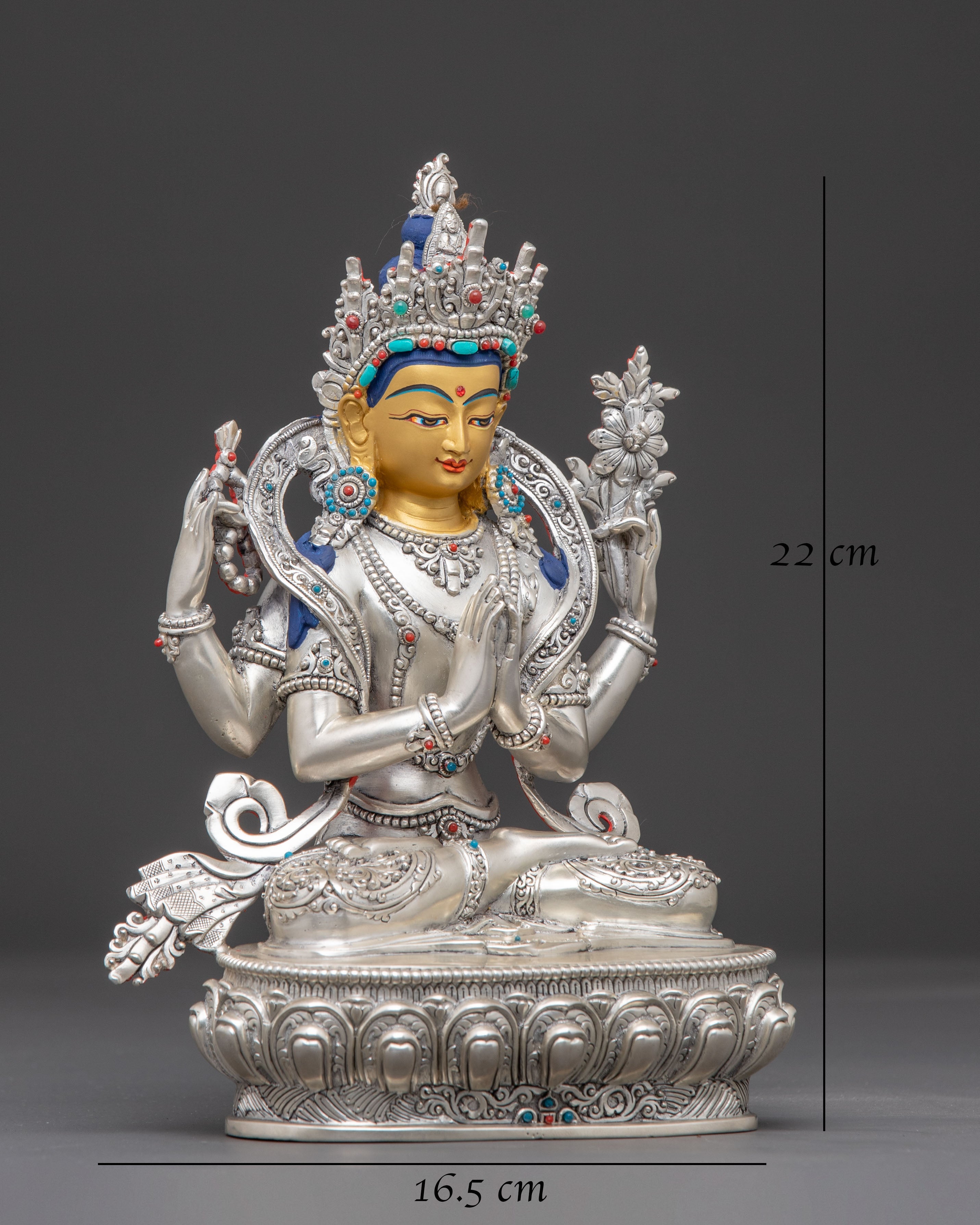 Silver Chenrezig Statue: Bodhisattva of Compassion