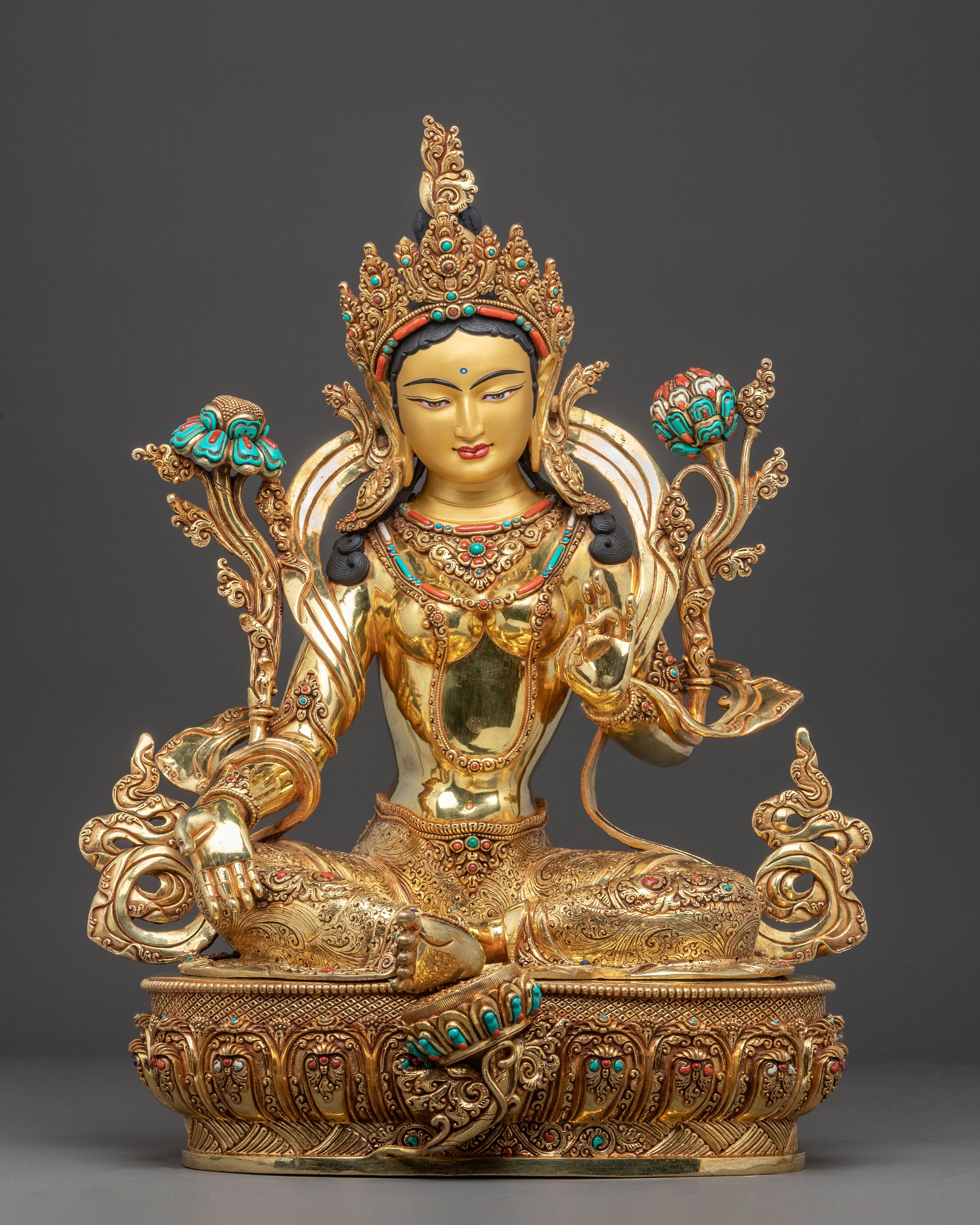 Himalayan Green Tara Golden Statue | Female Bodhisattva