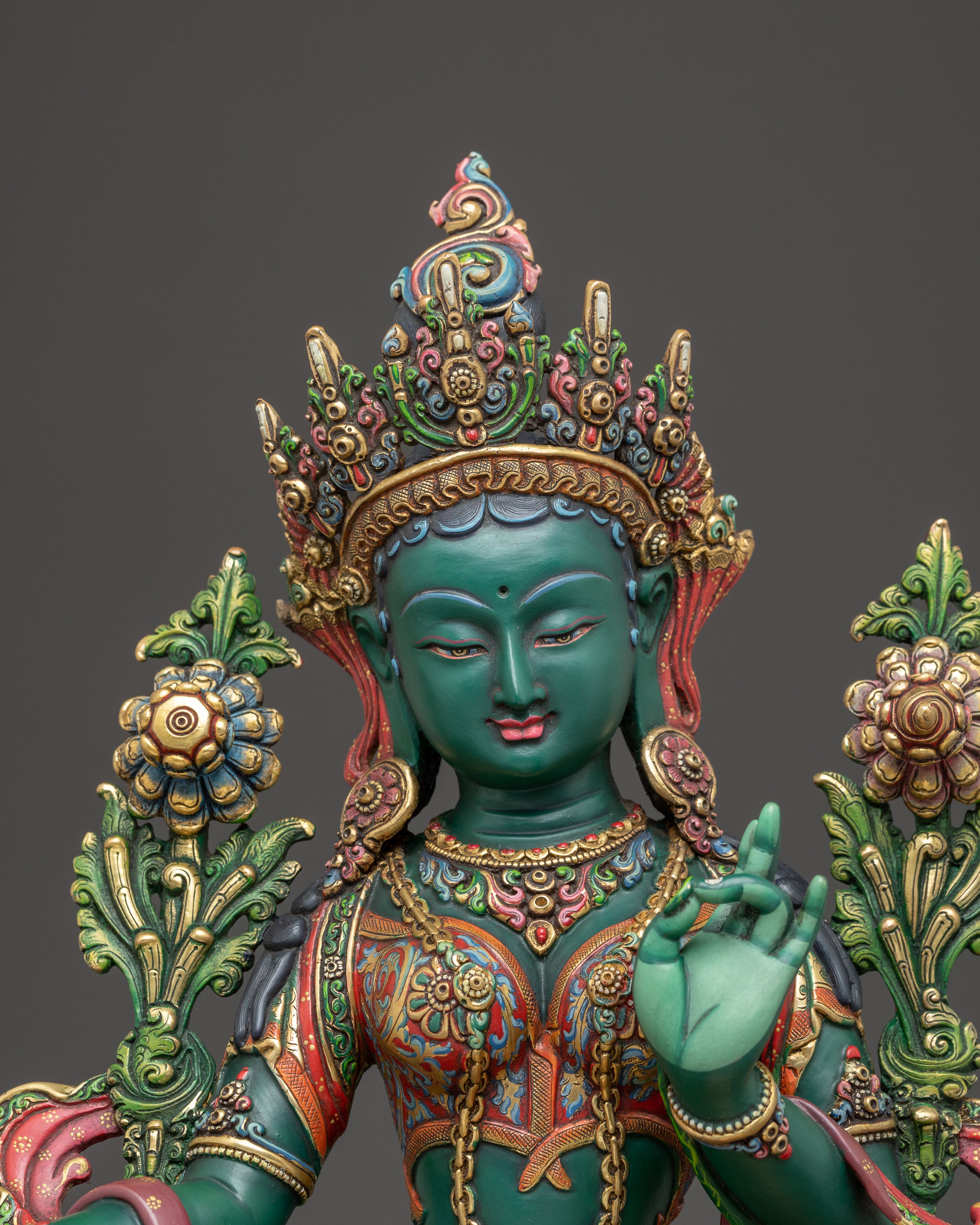 Colourful Green Tara Copper Statue | Compassion Goddess