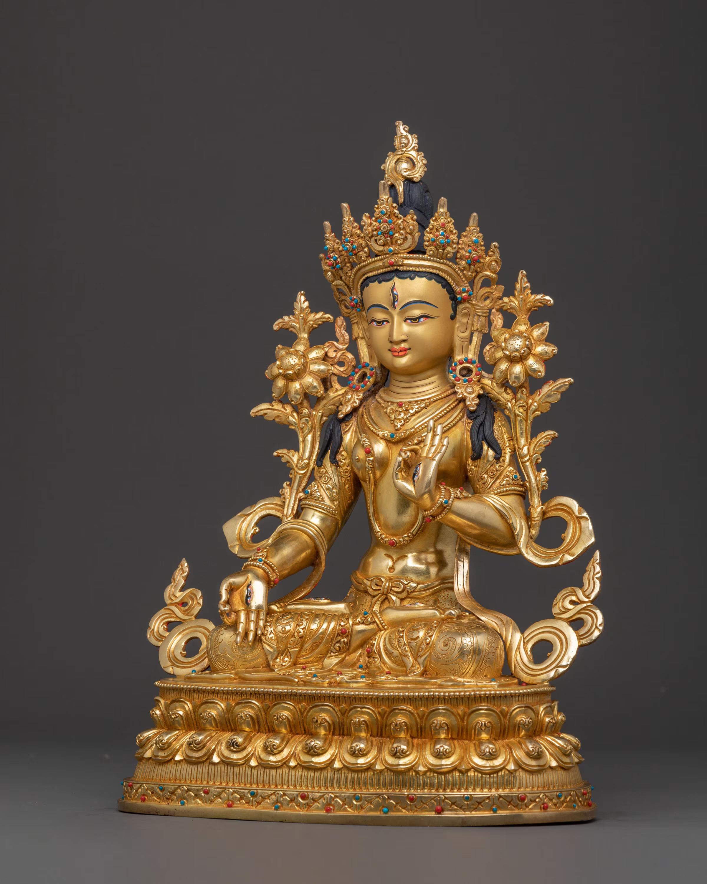 Radiant Golden Statue of White Tara | Copper Handcrafted Sculpture