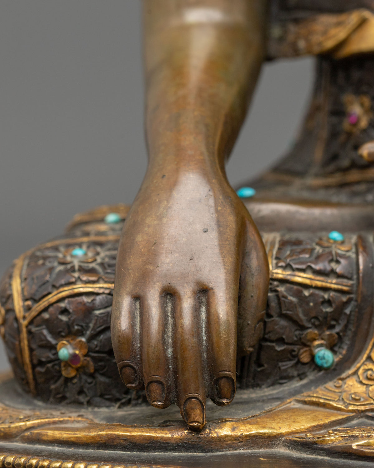 Shakyamuni Buddha Statue | Oxidized Sculpture Adorned with Gemstones