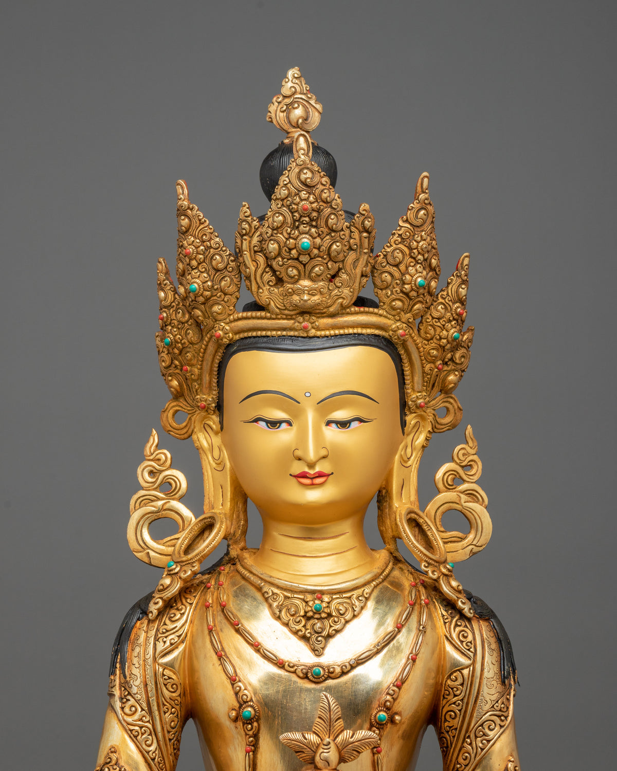 Amitayus Buddha Statue | Gemstones Adorned Golden Copper Sculpture