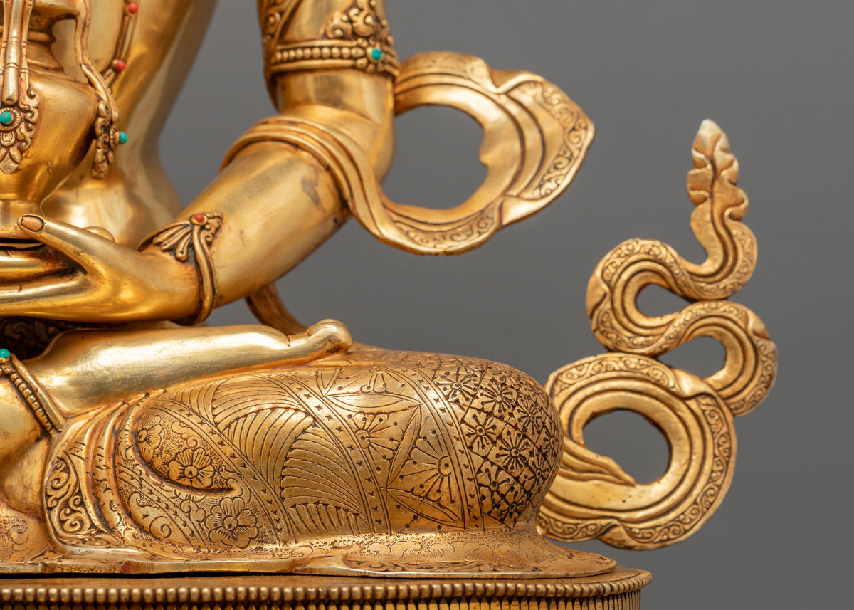 Amitayus Buddha Statue | Gemstones Adorned Golden Copper Sculpture