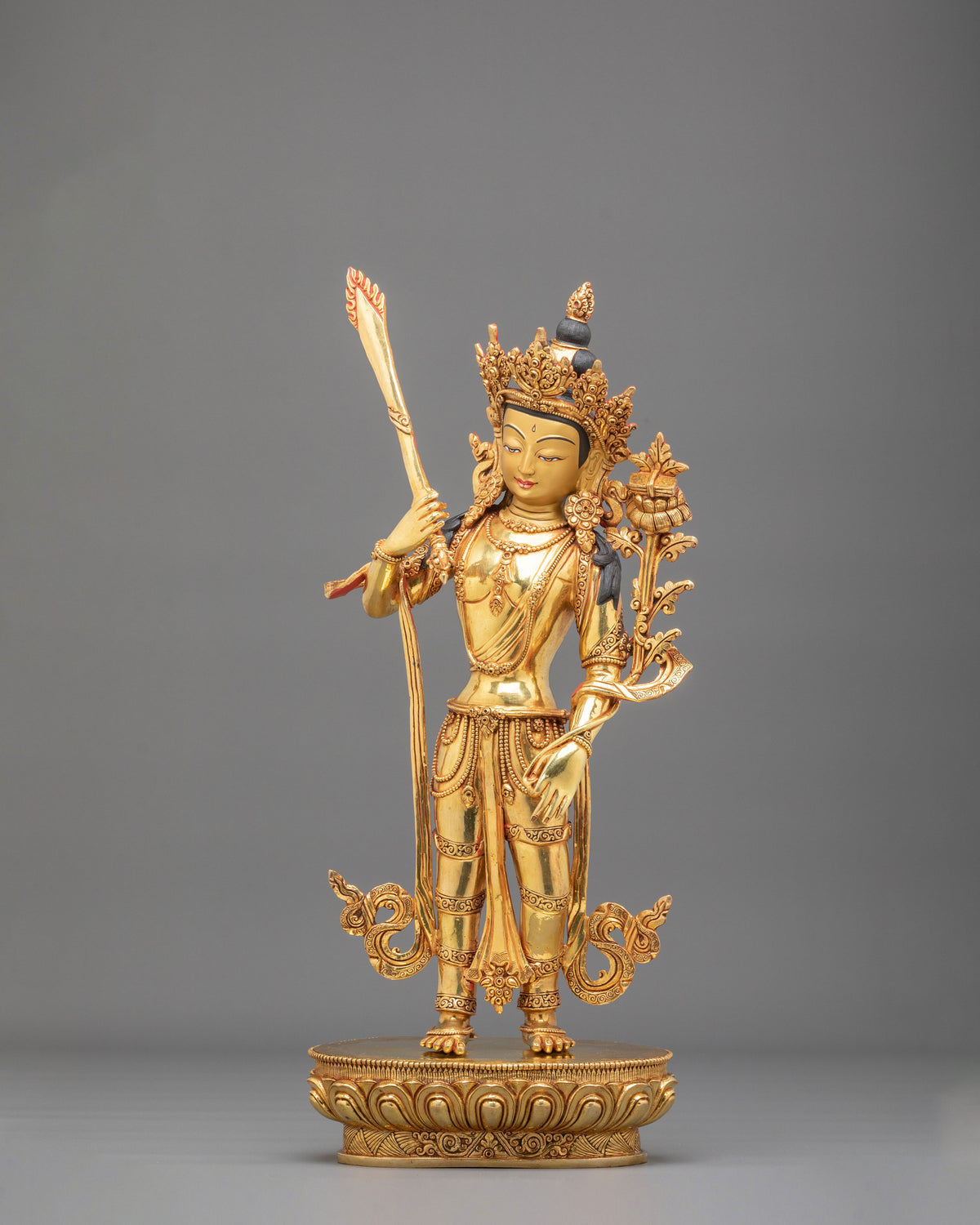 Manjushri Sculpture: 24K Fire Gold Gilding Statue with Gemstones Inlayed