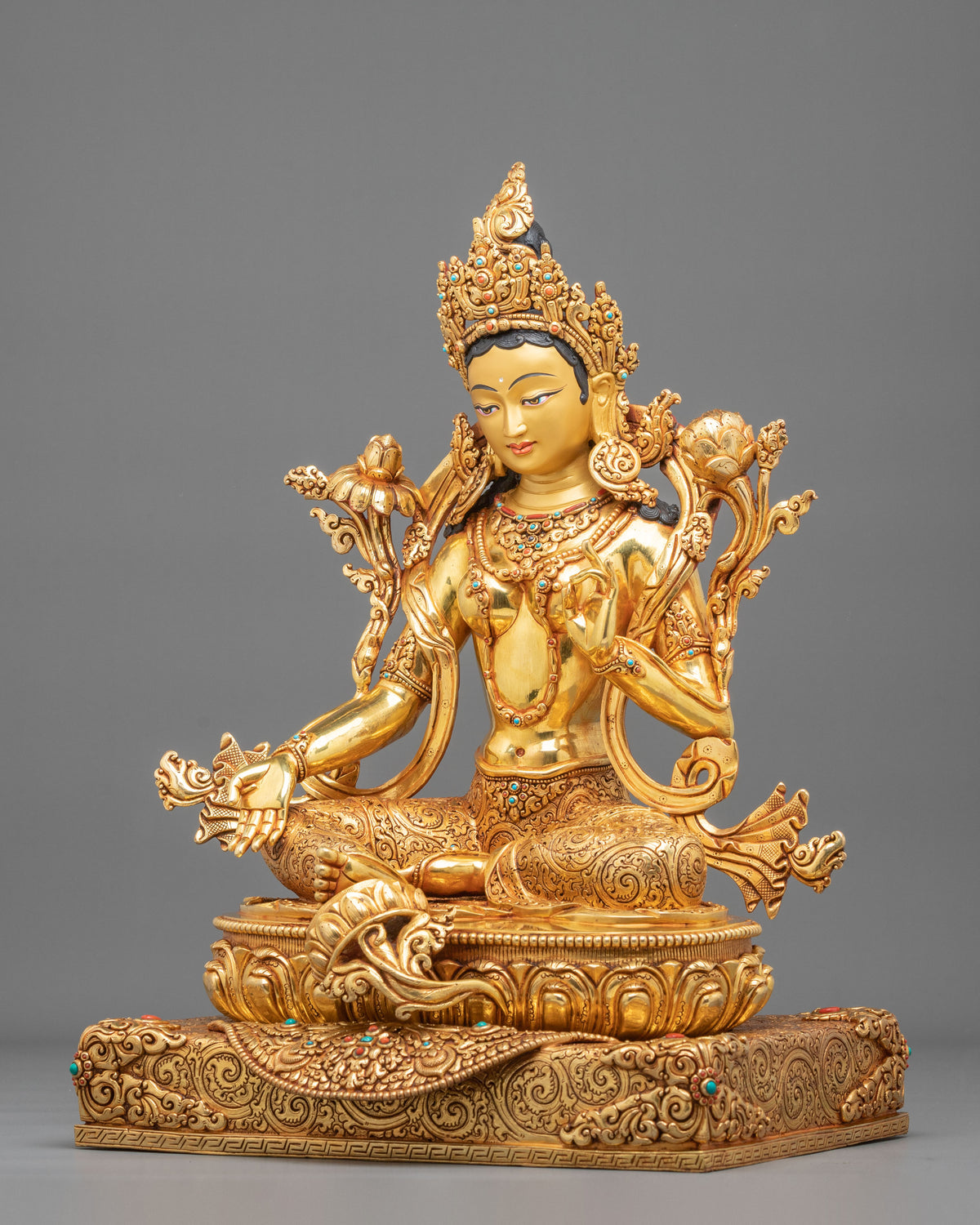 Green Tara Statue: 24K Gold Gilded Buddhist Sculpture