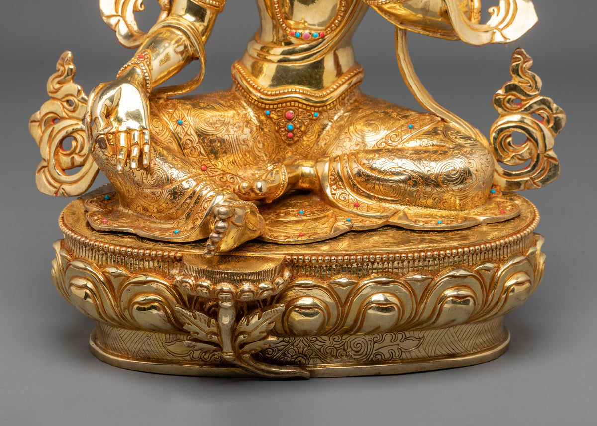 Green Tara 24K Gold Coated Goddess Statue: Deity of Compassion and Liberation