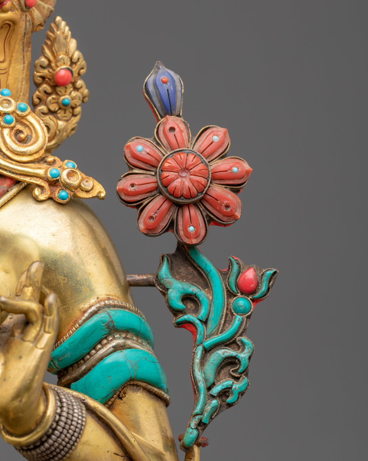 Green Tara Statue: Hand-Gilded 24K Gold & Gemstone