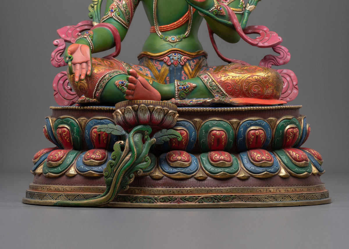 Gemstones Adorned Green Tara Figurine | Buddhist Deity of Compassion and Swift Activity