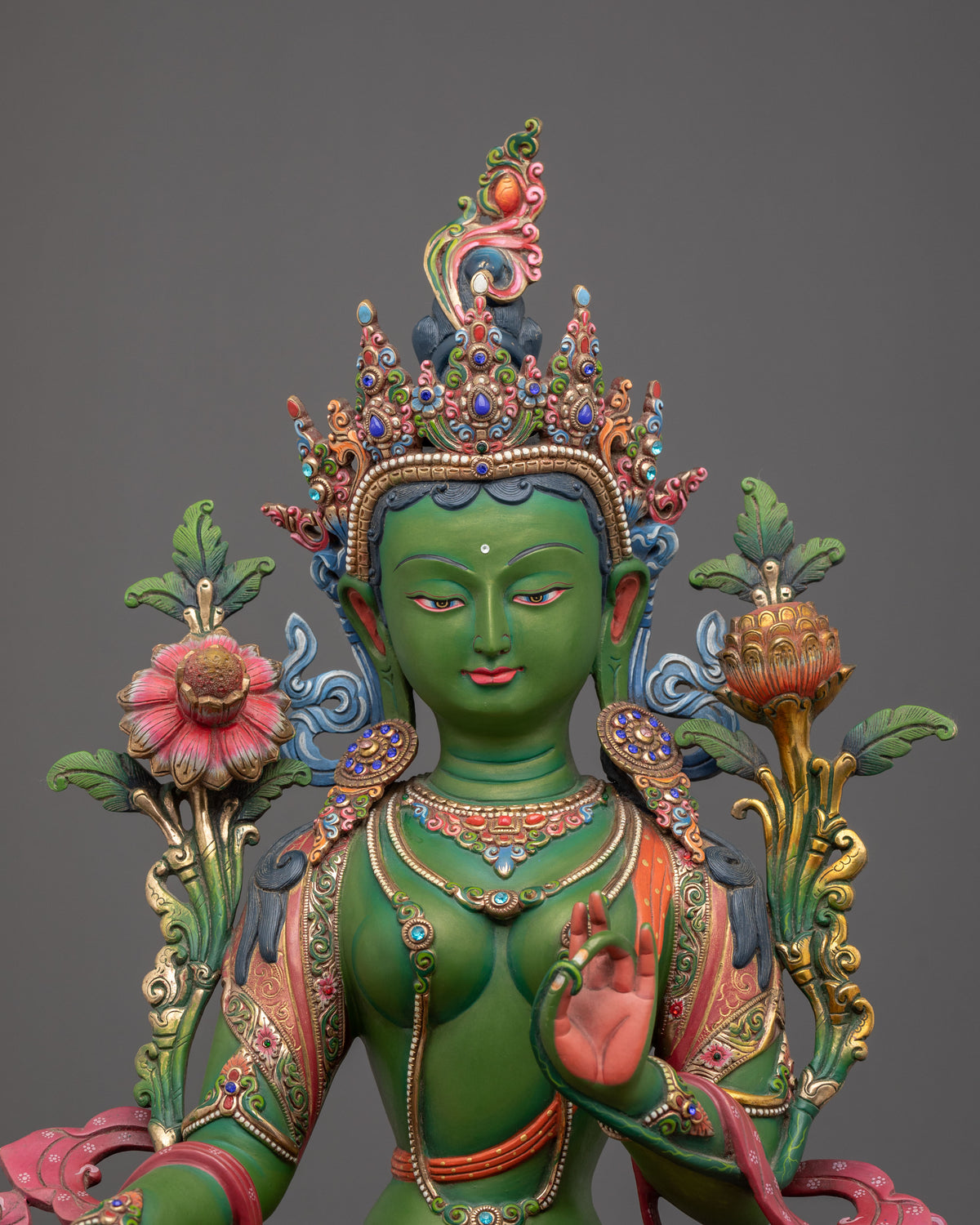 Gemstones Adorned Green Tara Figurine | Buddhist Deity of Compassion and Swift Activity