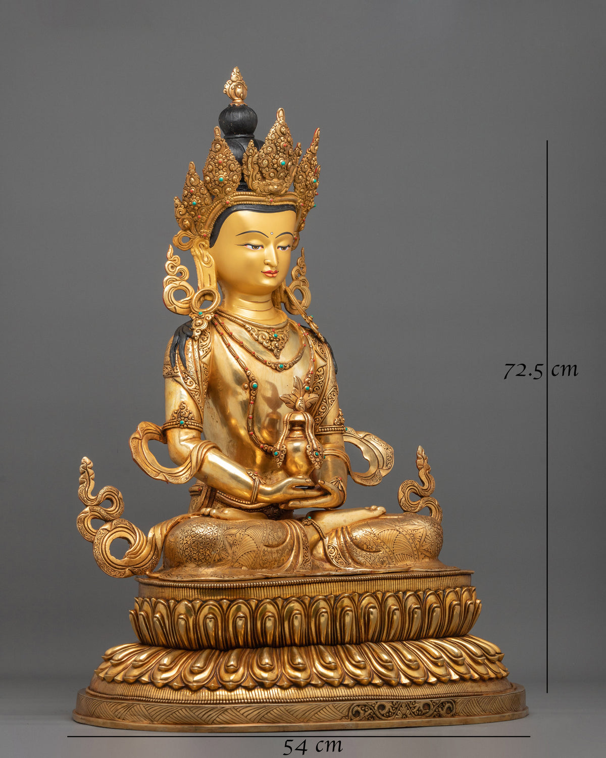 Amitayus Buddha Statue | Gemstones Adorned Golden Copper Sculpture