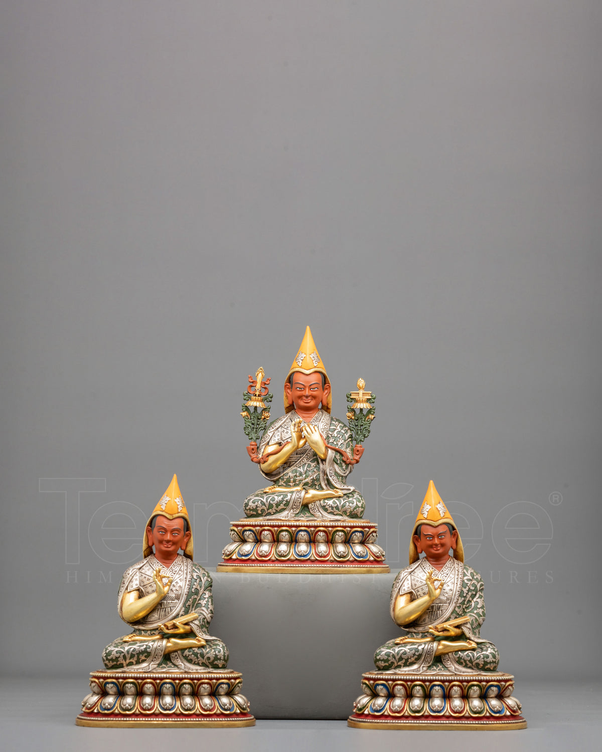 Handcrafted Gelug Lineage Statue of Tsongkhapa with Khedrup Je and Gyaltsab Je