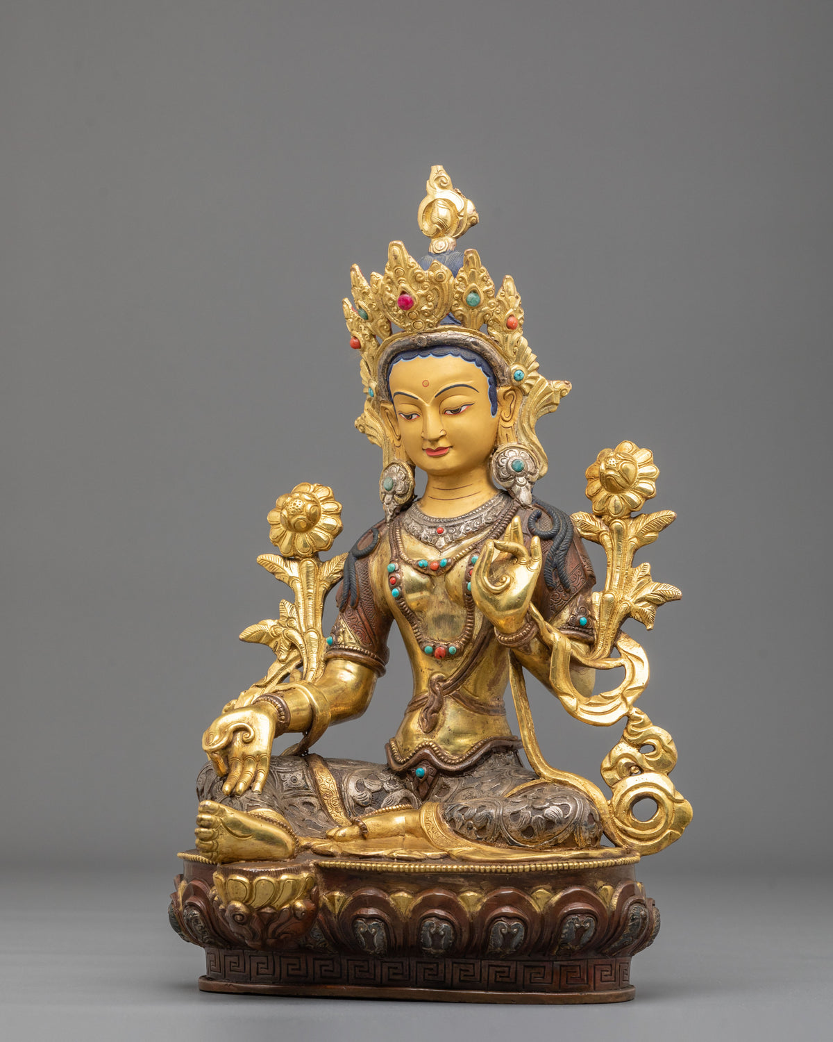 Tibetan Figurine of Goddess Green Tara | 24K Gold Gilded Buddhist Statue