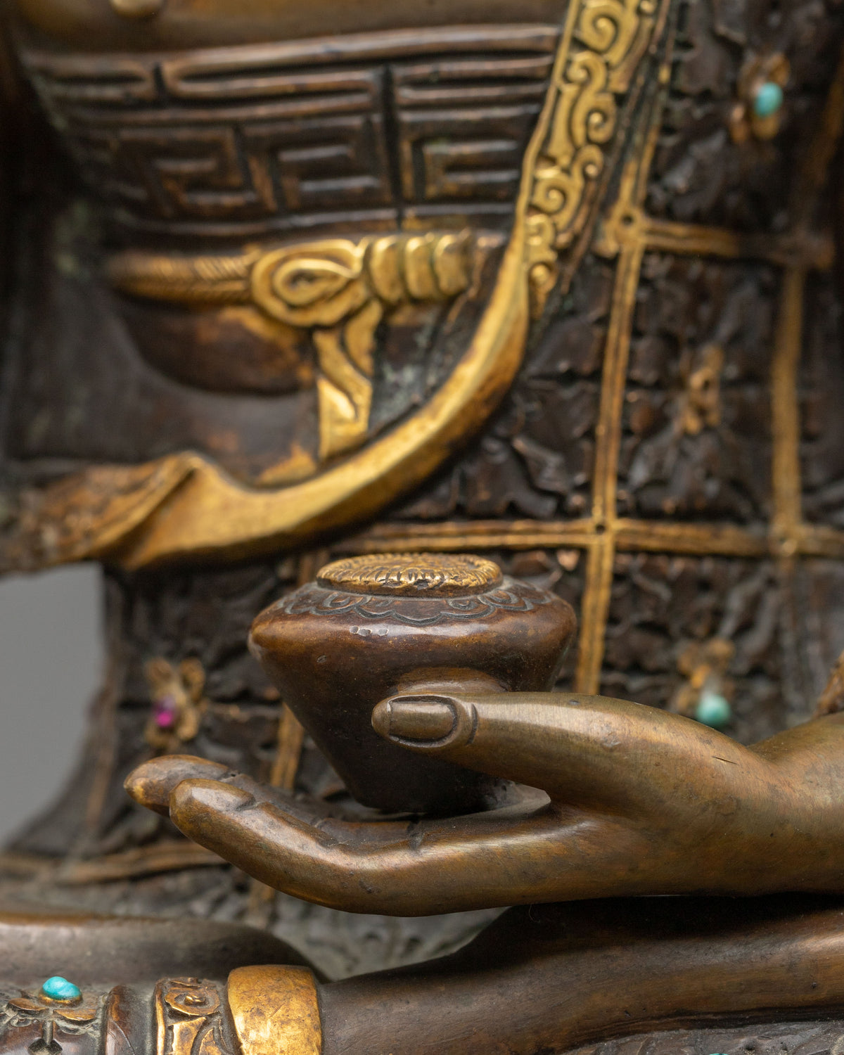Shakyamuni Buddha Statue | Oxidized Sculpture Adorned with Gemstones