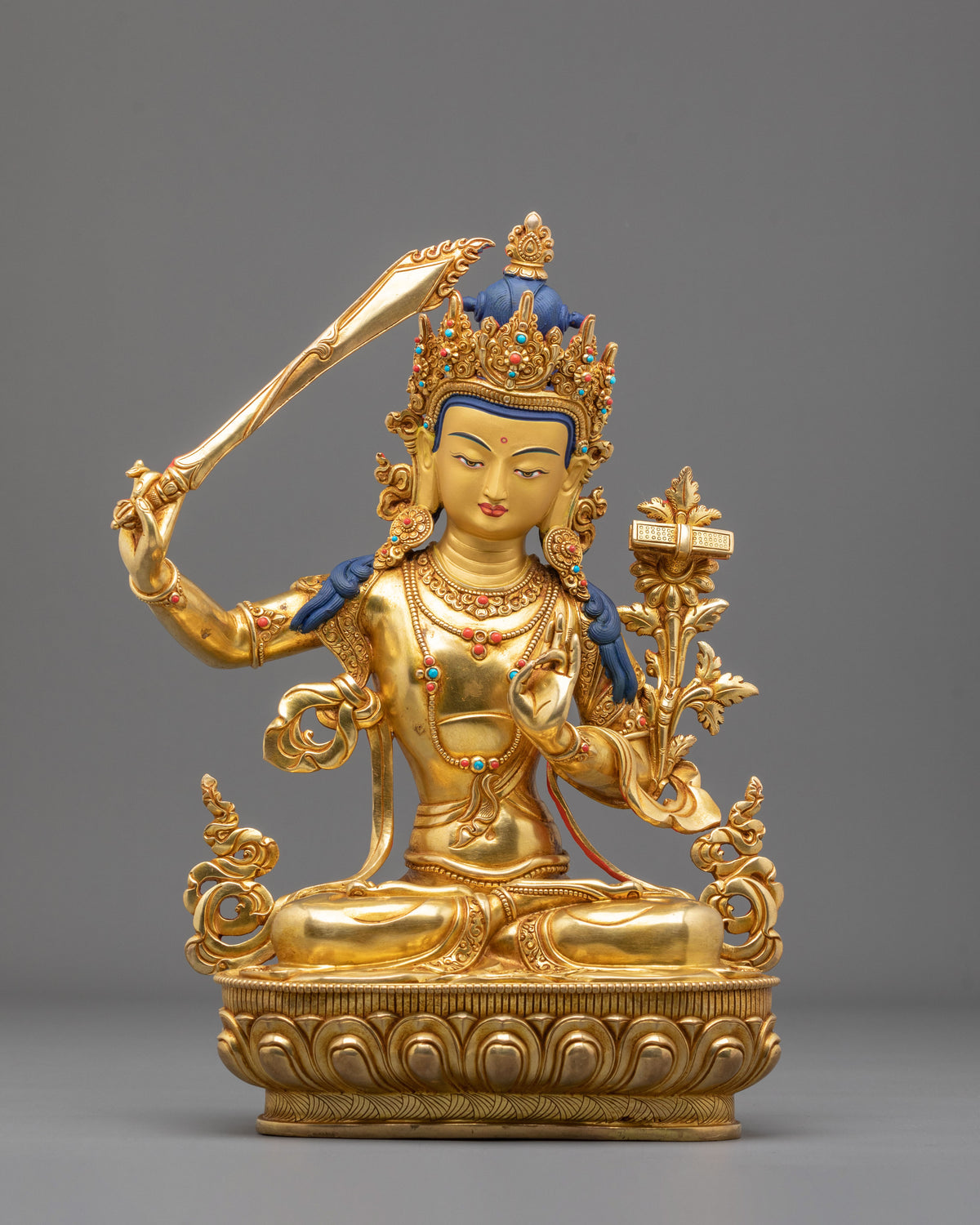 Manjushri Buddhist Wisdom Statue | 24K Gold Gilded Sculpture