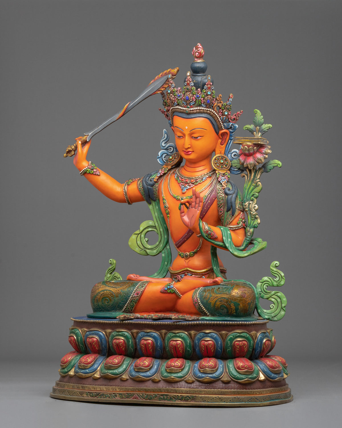 Manjushri 24K Gold Coated Copper Figurine | Bodhisattva of Transcendent Wisdom
