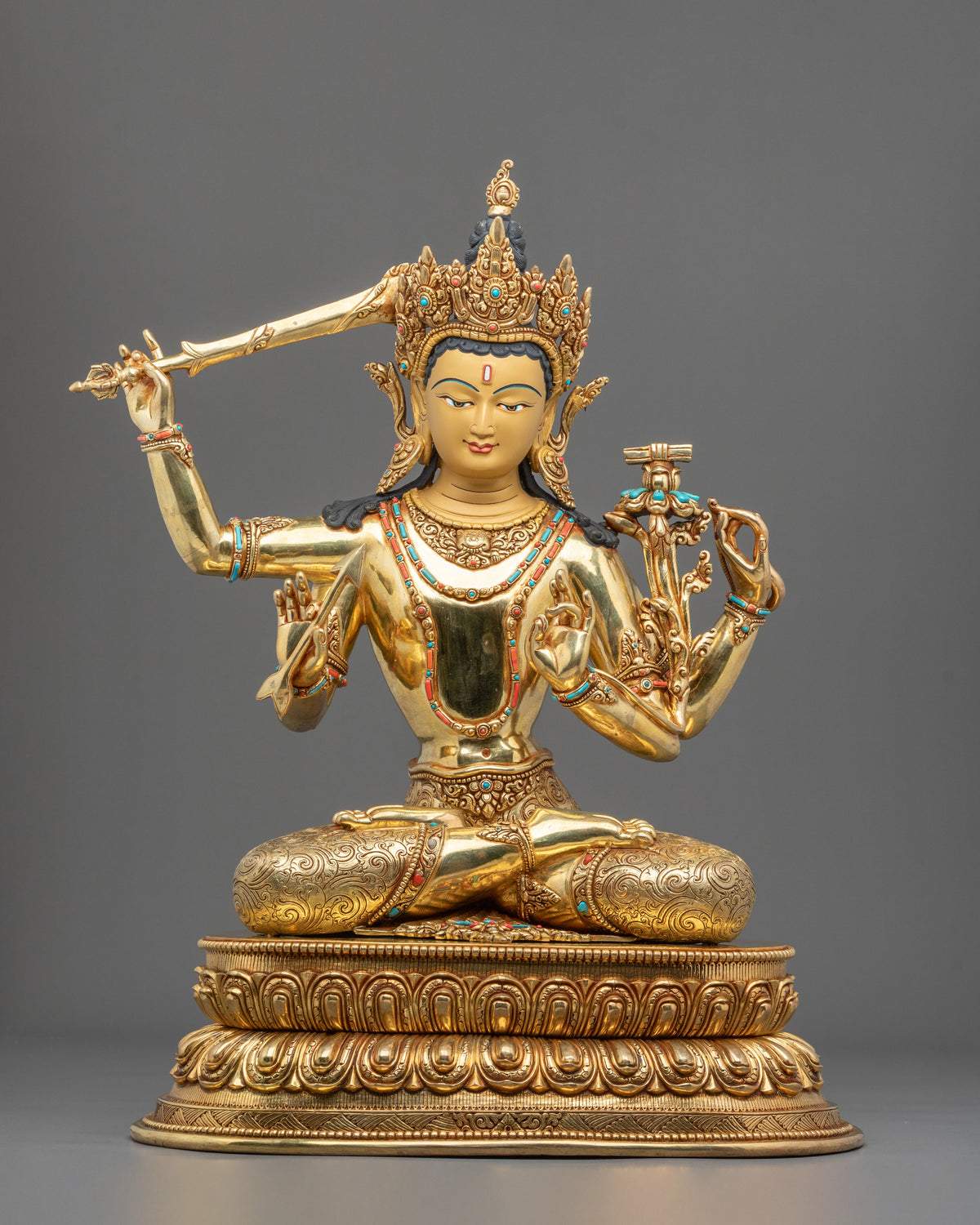 Maha Manjushri Copper Sculpture - 24K Gold Gilded Handcrafted Art