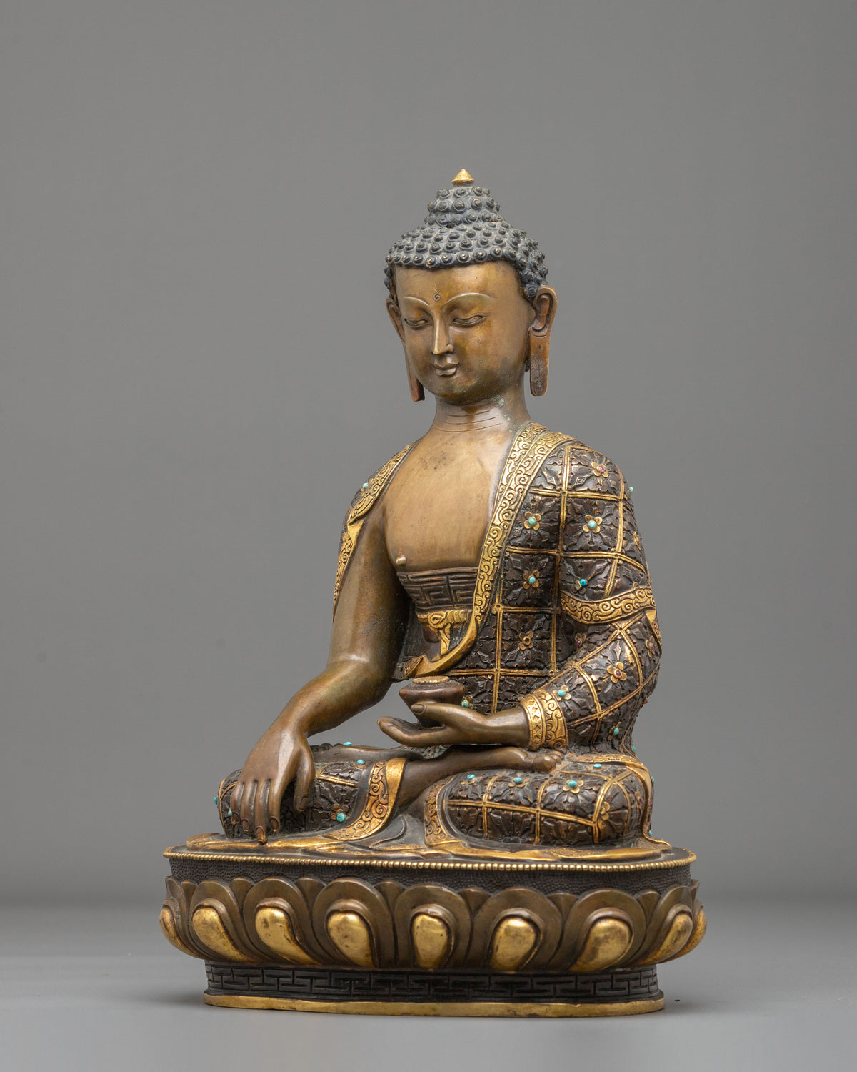 Shakyamuni Buddha Statue | Oxidized Sculpture Adorned with Gemstones