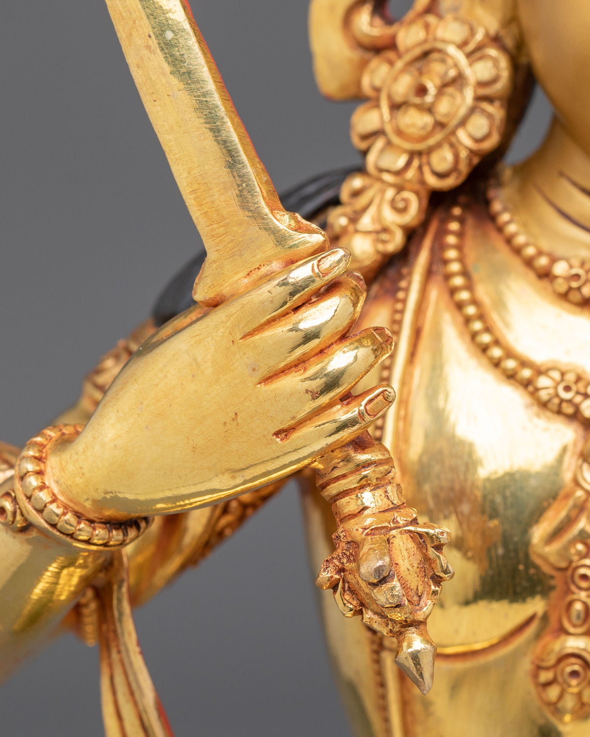 Manjushri Sculpture: 24K Fire Gold Gilding Statue with Gemstones Inlayed