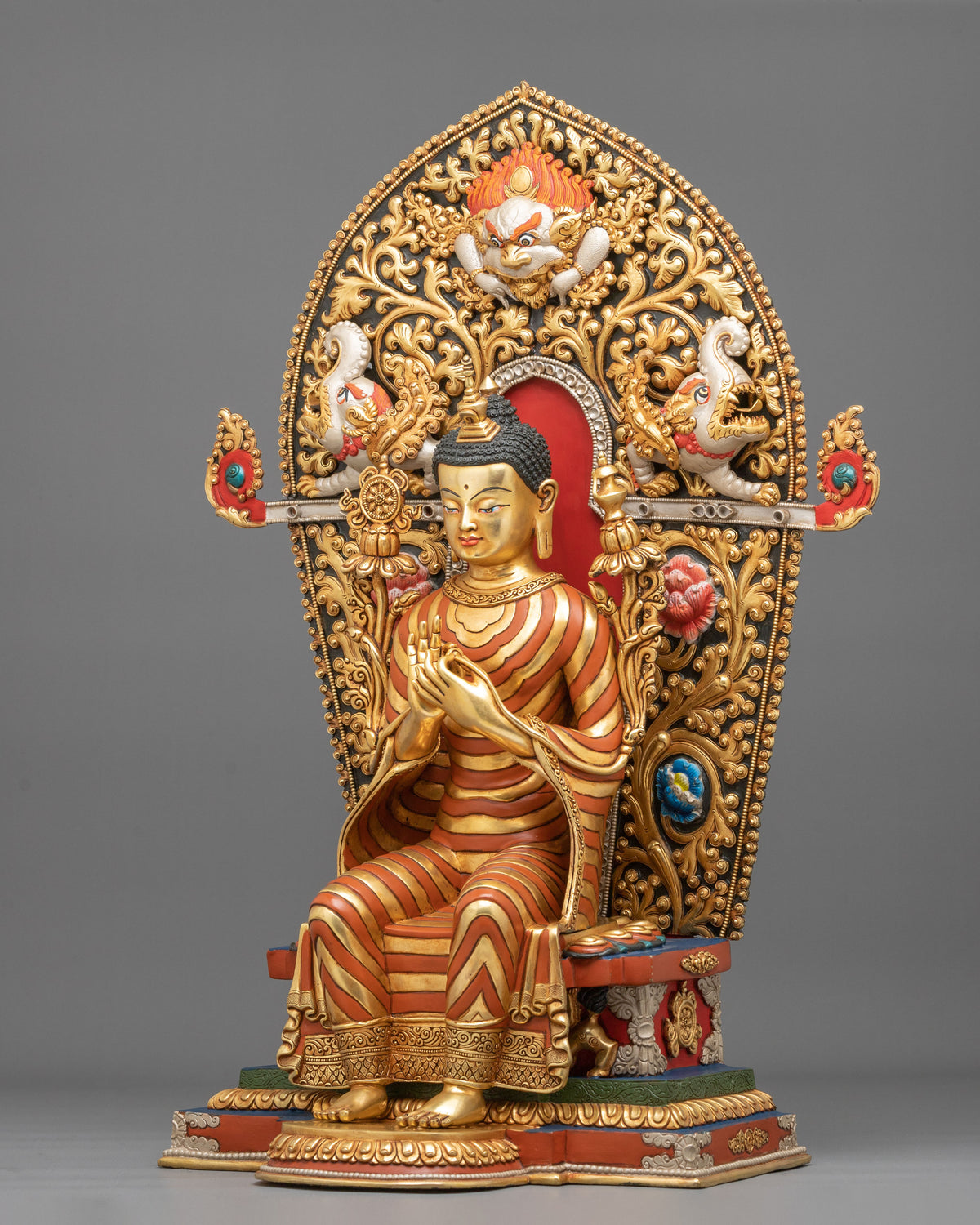 24K Gold Gilded Maitreya Buddha Copper Sculpture with Gemstones Inlays